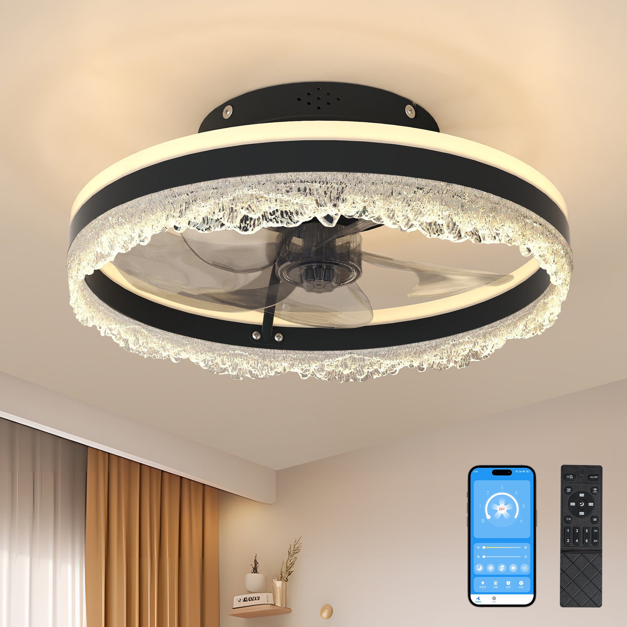 16' Quiet Ceiling Fan with Light – LED Crystal Flush Mount Fan Lamp with Hidden Blades and Natural Airflow, Perfect for Bedroom, Kids Room, Study Room