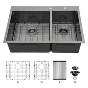 Gunmetal Black Double Bowl Kitchen Sink 16 Gauge 33' x 22' with Two 10' Deep Basins
