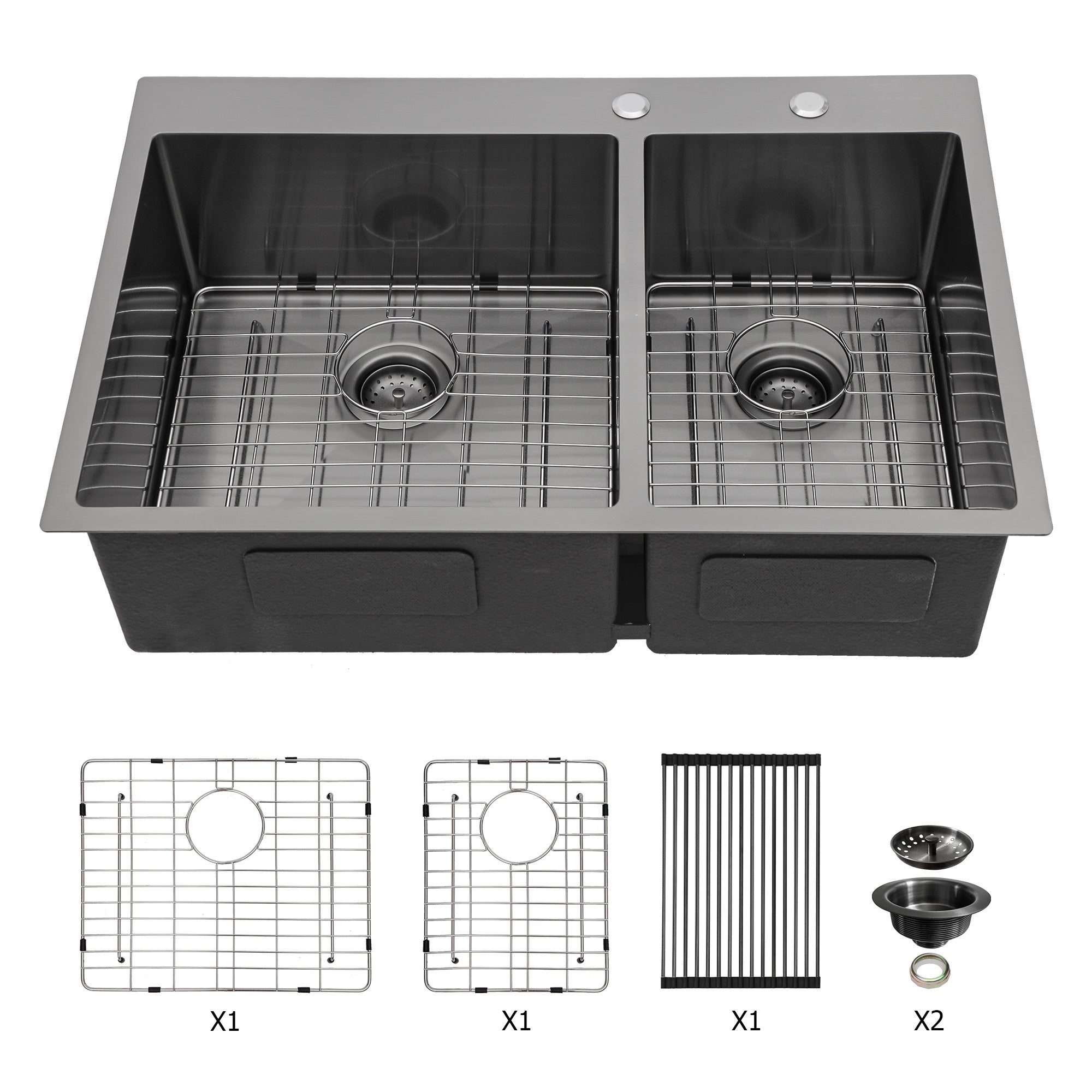 Gunmetal Black Double Bowl Kitchen Sink 16 Gauge 33' x 22' with Two 10' Deep Basins