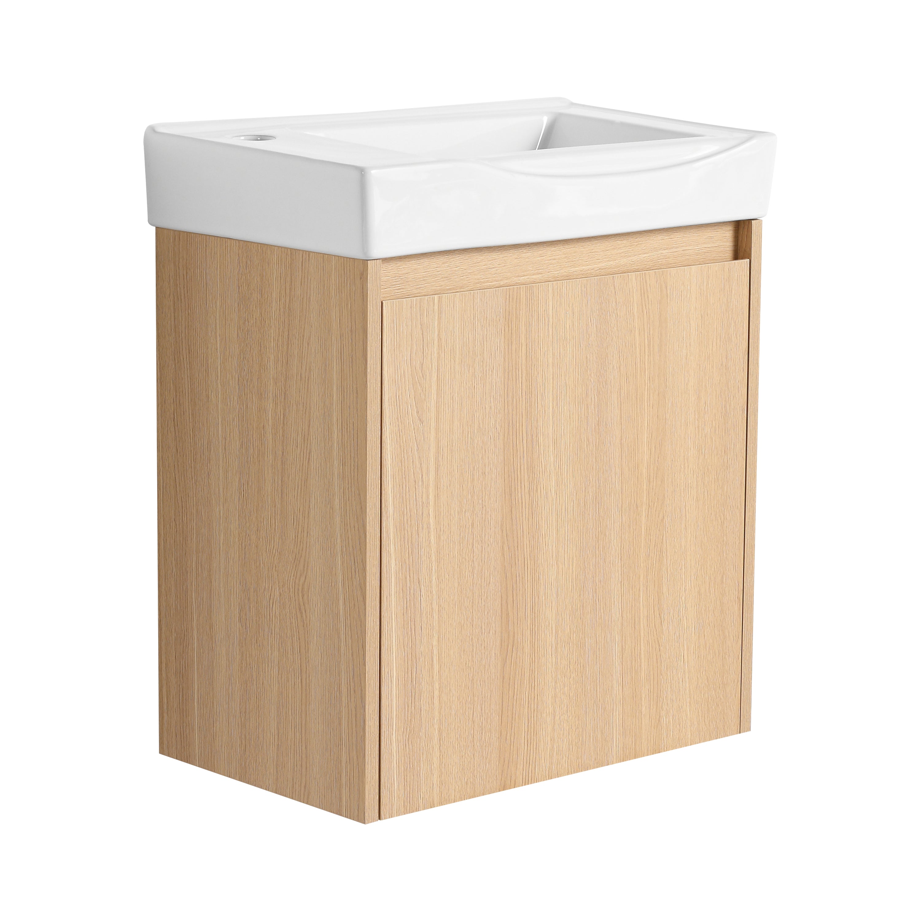 Minimalist 20' Wall-Mounted Bathroom Vanity with Ceramic Sink and Storage Cabinet in Oak
