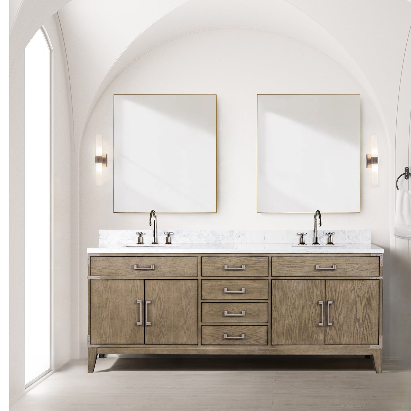 Grey Oak Double Bath Vanity 80 in. W x 22 in. D, Carrara Marble Top, and Faucet Set