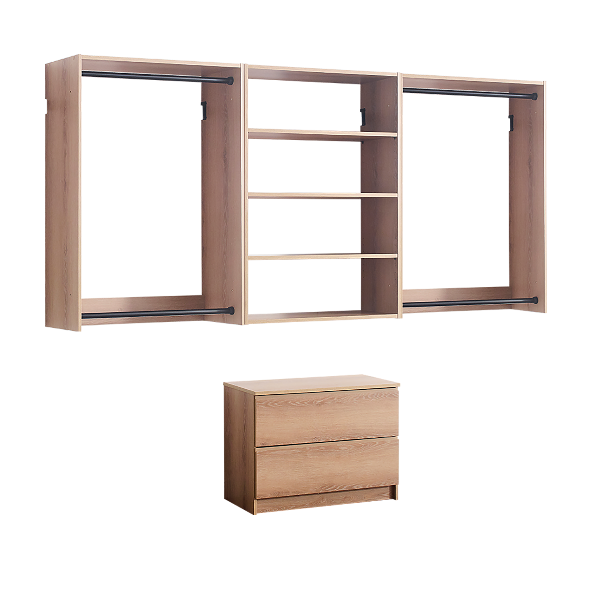 Devi Oak Wall Mounted Wood Closet System with Modular Units and Warm Oak Finish