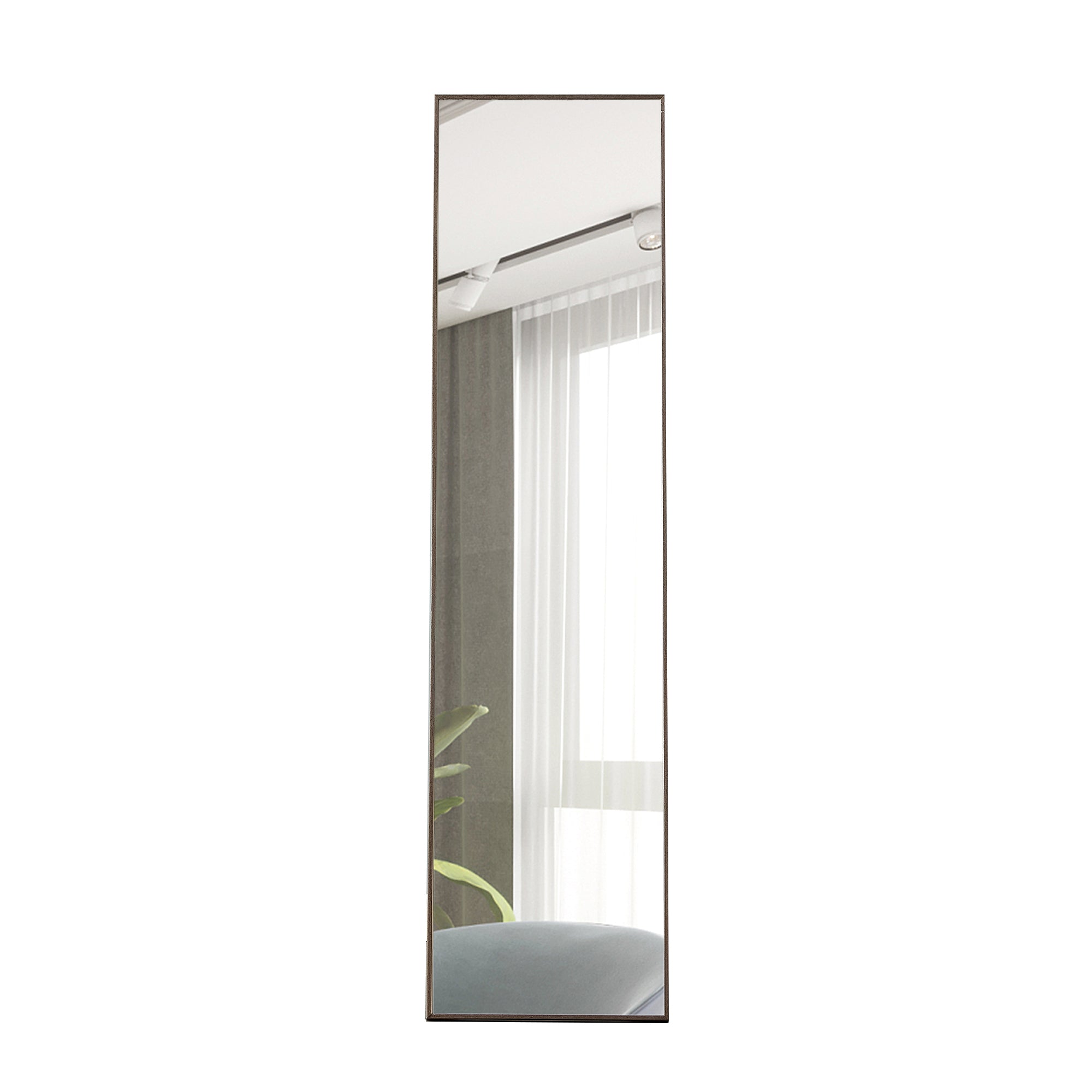 Grey solid wood frame minimalist mirror, 58 x15 inches, bathroom bedroom wall mirror. Enhance modern interior design. It can be installed on the wall or opened as a standing mirror.