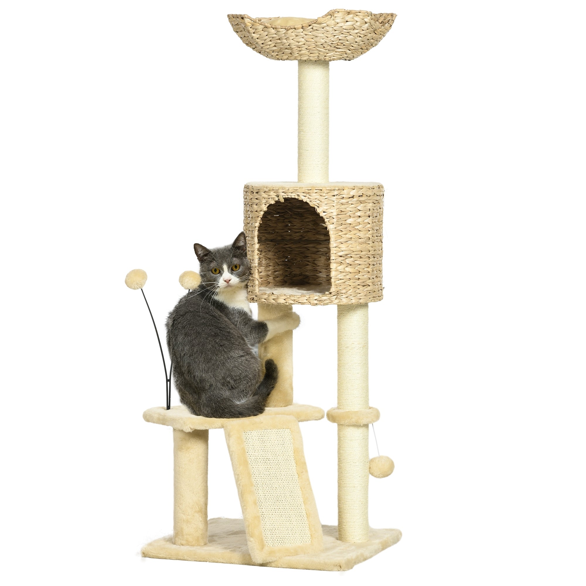 PawHut 45' Cat Tree for Indoor Cats, Cat Tree Tower with Scratching Posts, Ramp, Condo, Toy Balls, Platforms, Bed, Ramp, Beige