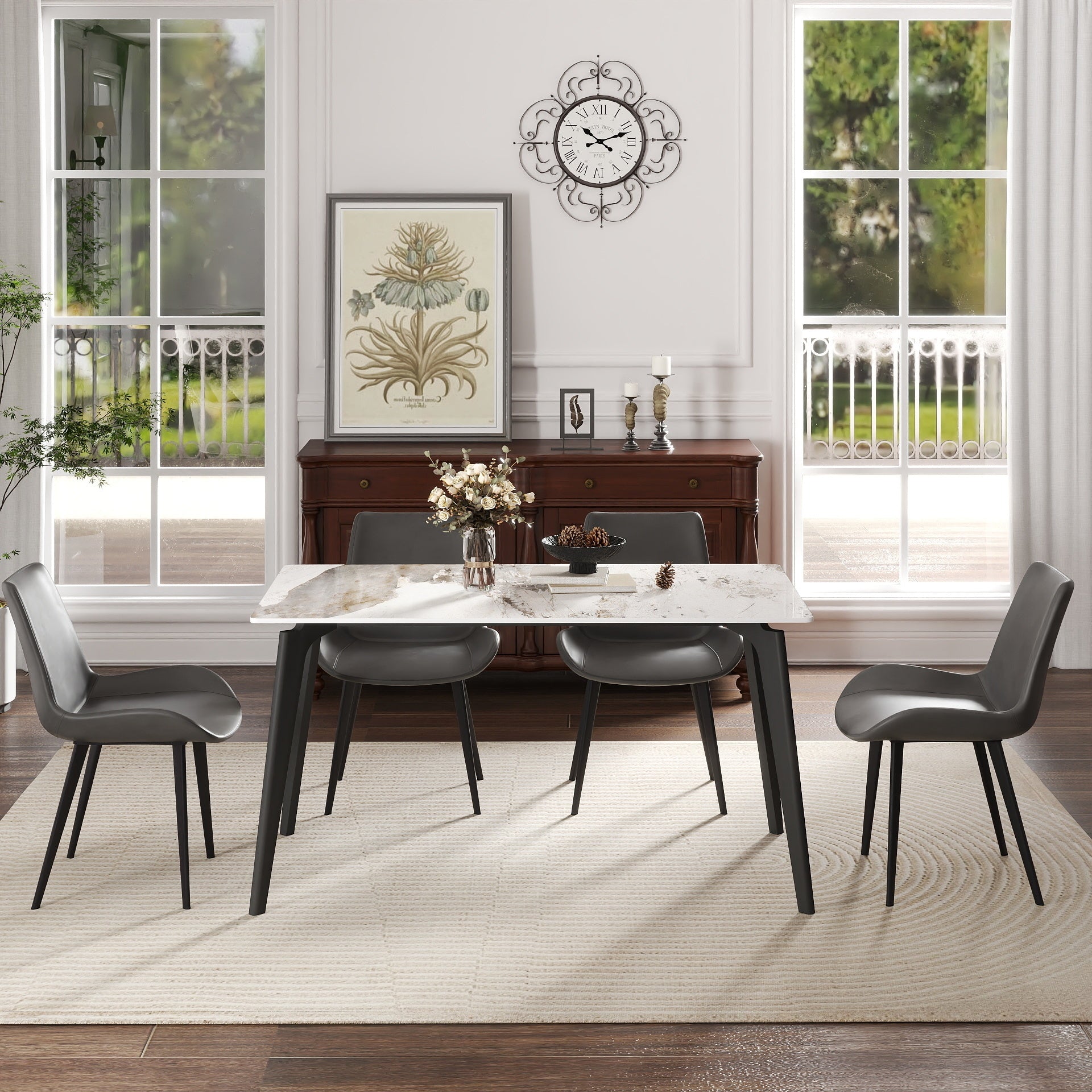 55.12' Modern Artificial Stone White Pandora Straight Edge Black Metal Leg Dining Table-Can Accommodate 6 People(Dining Table Only)