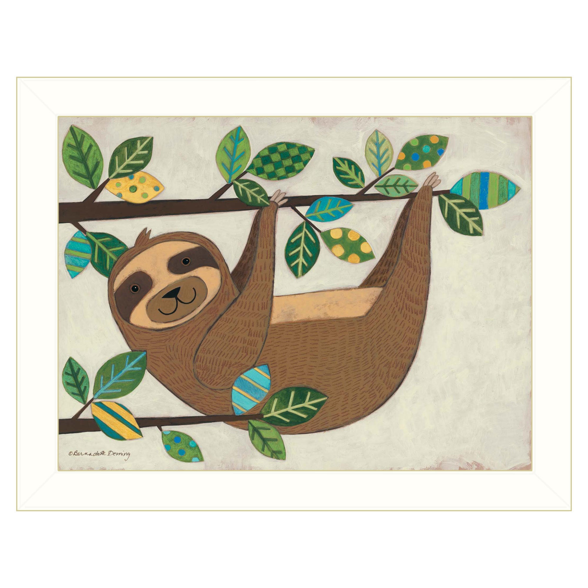 'Hanging Sloth I' by Bernadette Deming, Ready to Hang Framed Print, White Frame