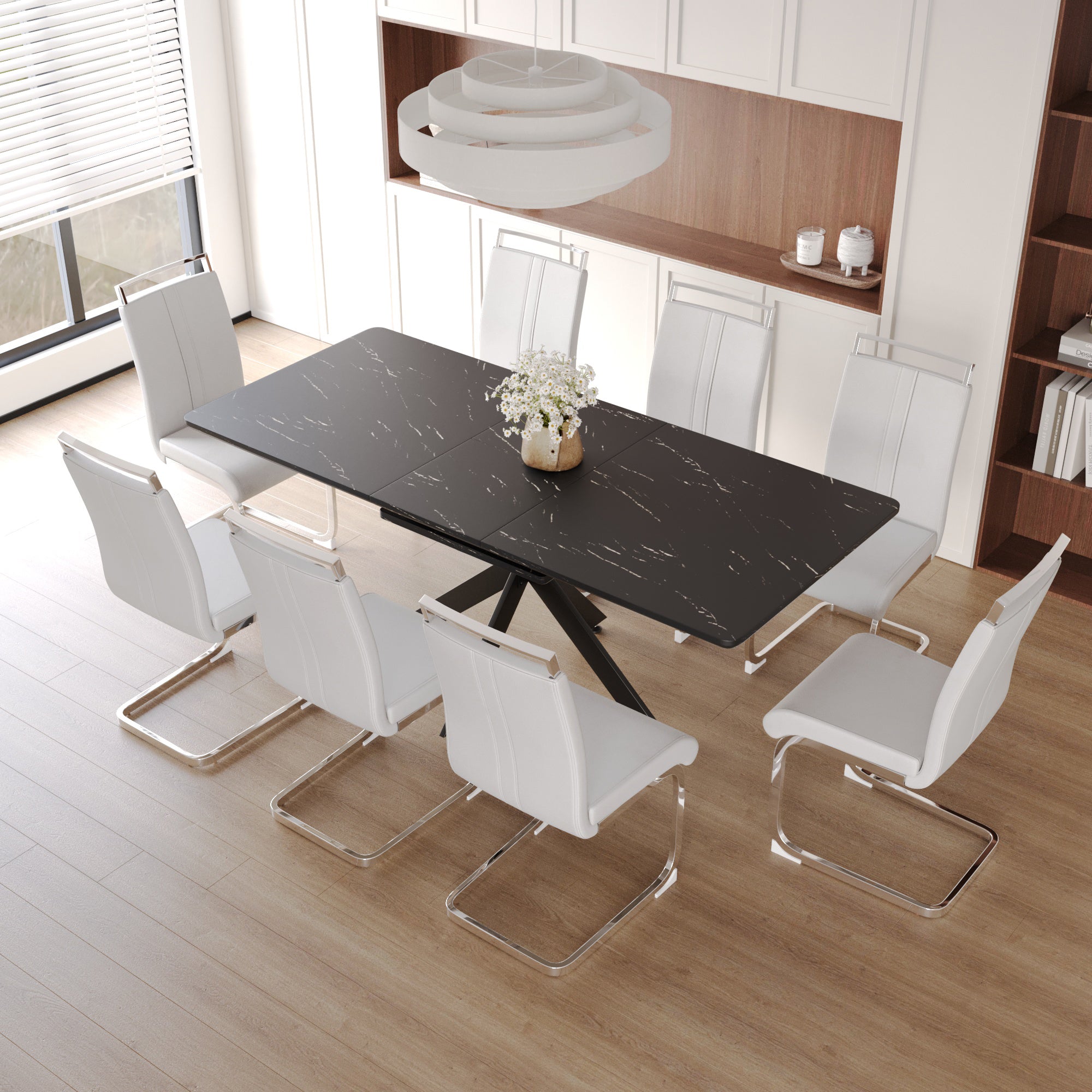 62.4' extendable 78.15' dining Table Set for 6-8 Person for Dining Room,C-shaped Tube Soft padded armless dining chair and Very large Dining Room Table Kitchen Table Chair Set with metal Legs