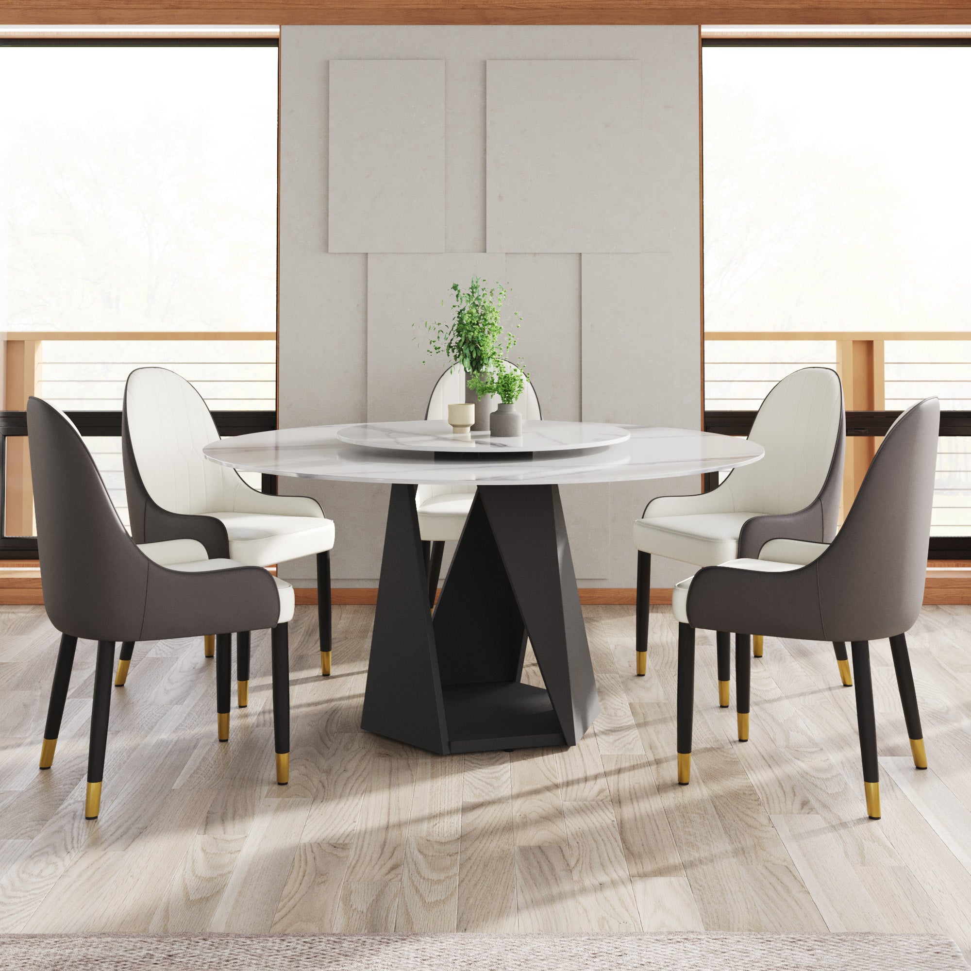 59.05' Round Marble Dining Table with Black Iron Metal Base, Artificial Marble for 6-8 People, 31.5'White Artificial Stone Turntable,White (Dining Table Only)