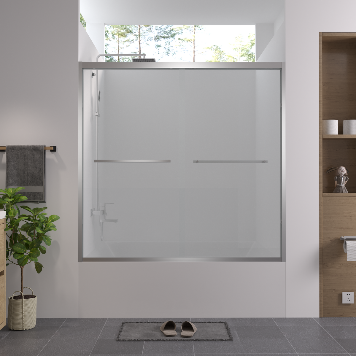 56-60'x58' Aluminum Frame Double Sliding Bathtub Screen, Bypass Bathroom Sliding Door with Premium 1/4' (6mm) Clear Tempered Glass, Chrome Hardware Sliding Glass Shower Enclosure,Chrome Finished