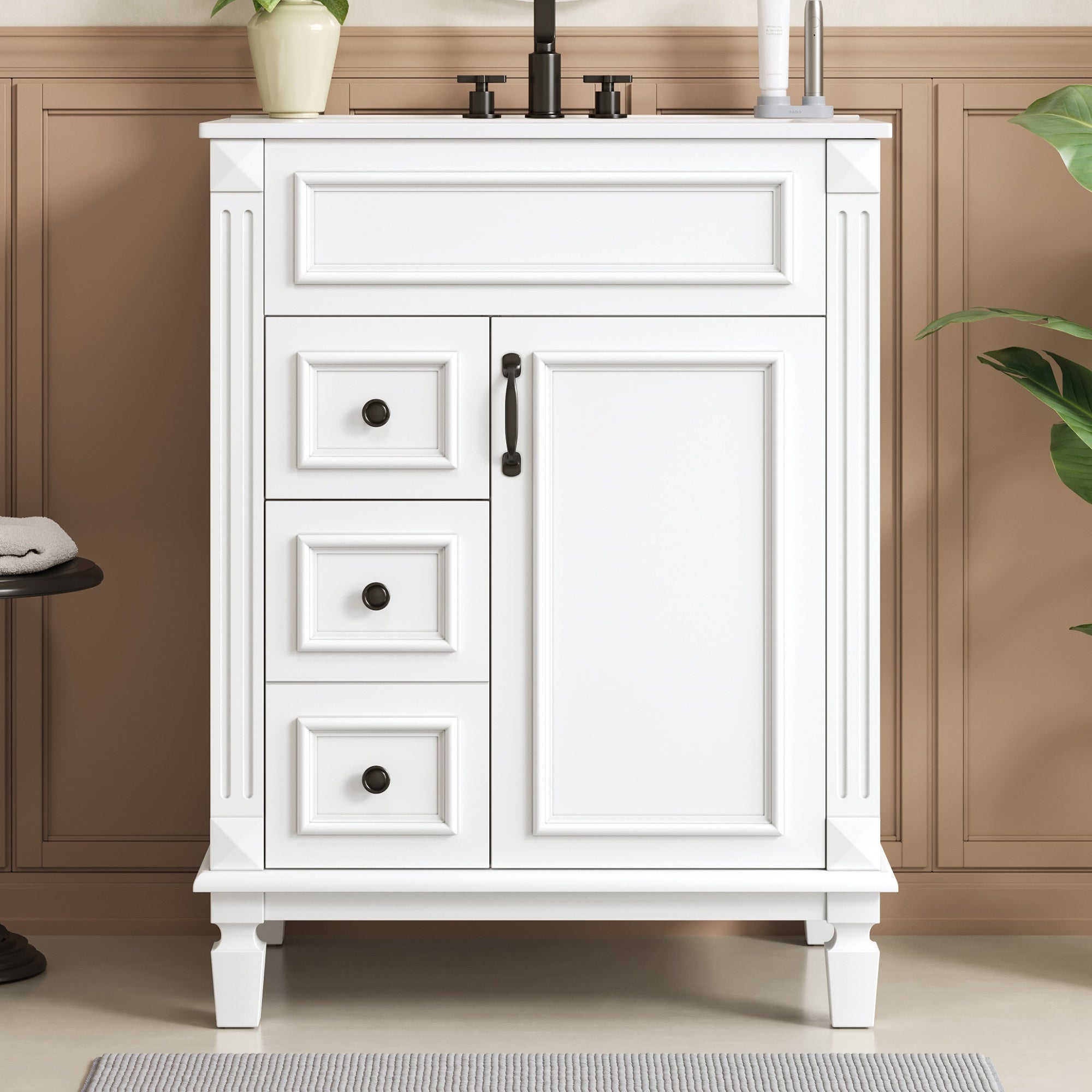 24' Bathroom Vanity with Ceramic Sink, Small Bathroom Sink Cabinet, Modern Cabinet with 2 Drawers and Adjustable Shelf