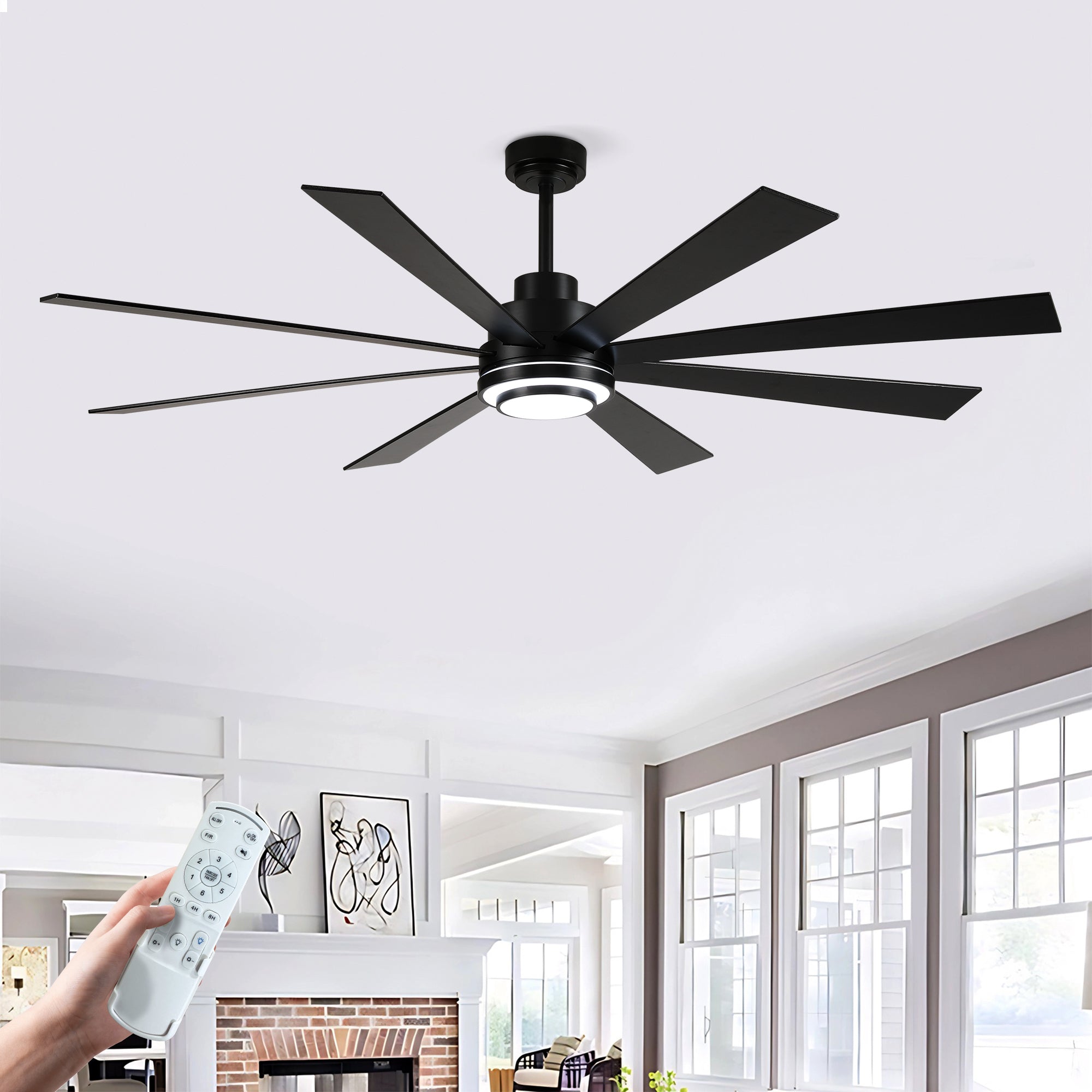 72 Inch 8 PCS Plywood Reversible Blades  Ceiling Fan With Light Kit 3 Color  Dimmable LED, DC 6 Speed ,Remote Control Ceiling Fan  for Patio Living Room, Bedroom, Office,Indoor.(Matte Black )