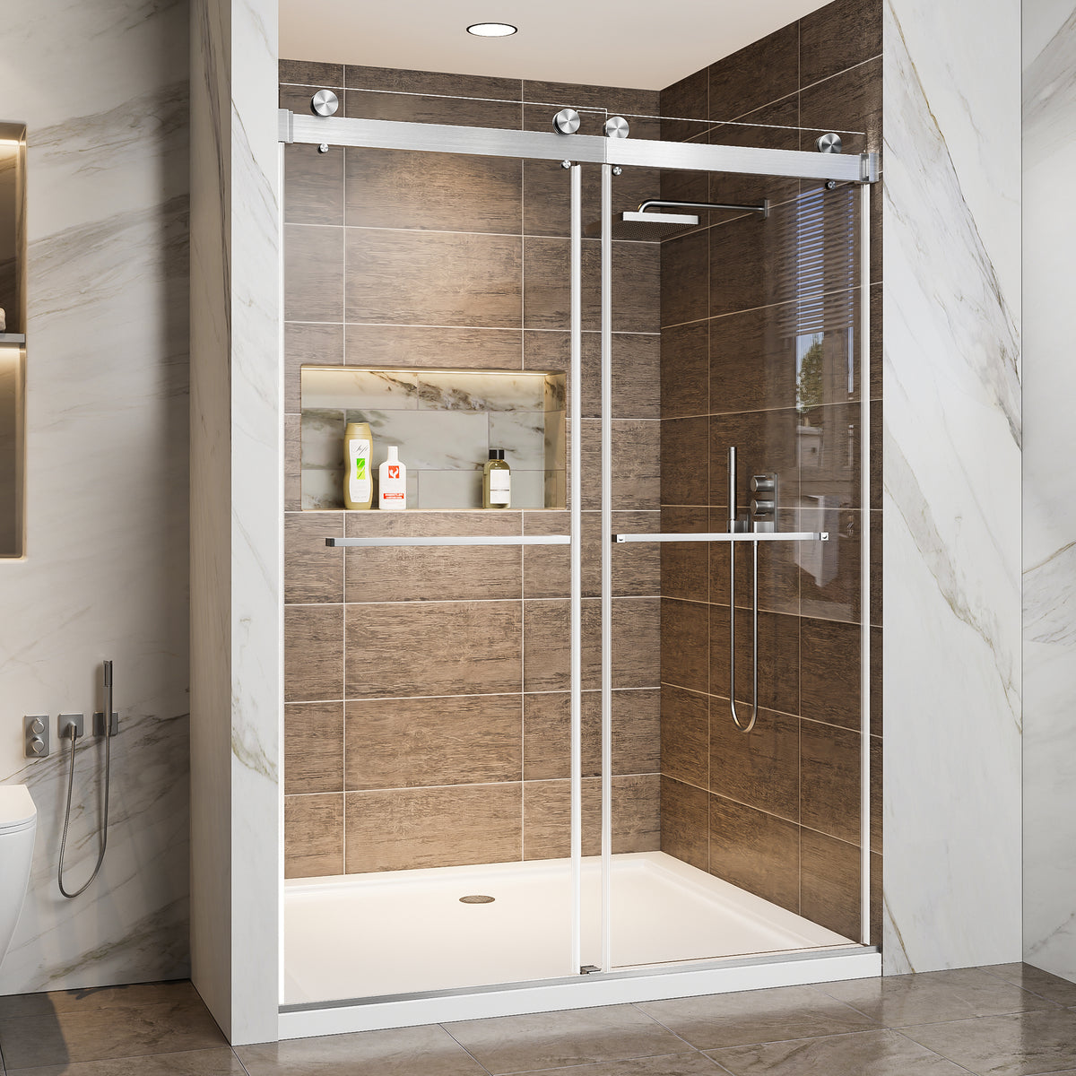 56'-60' W x 78' H Frameless Double Sliding Shower Door, Soft-Close Brushed Nickel Shower Screen, 3/8' (10mm) Clear Tempered Glass With Explosion-proof Film, Dual Stainless Steel Door Handles