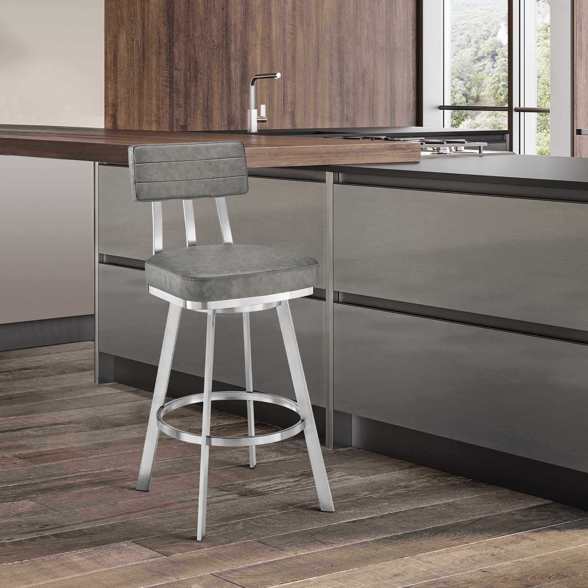 Benjamin 30' Swivel Bar Stool in Brushed Stainless Steel with Gray Faux Leather