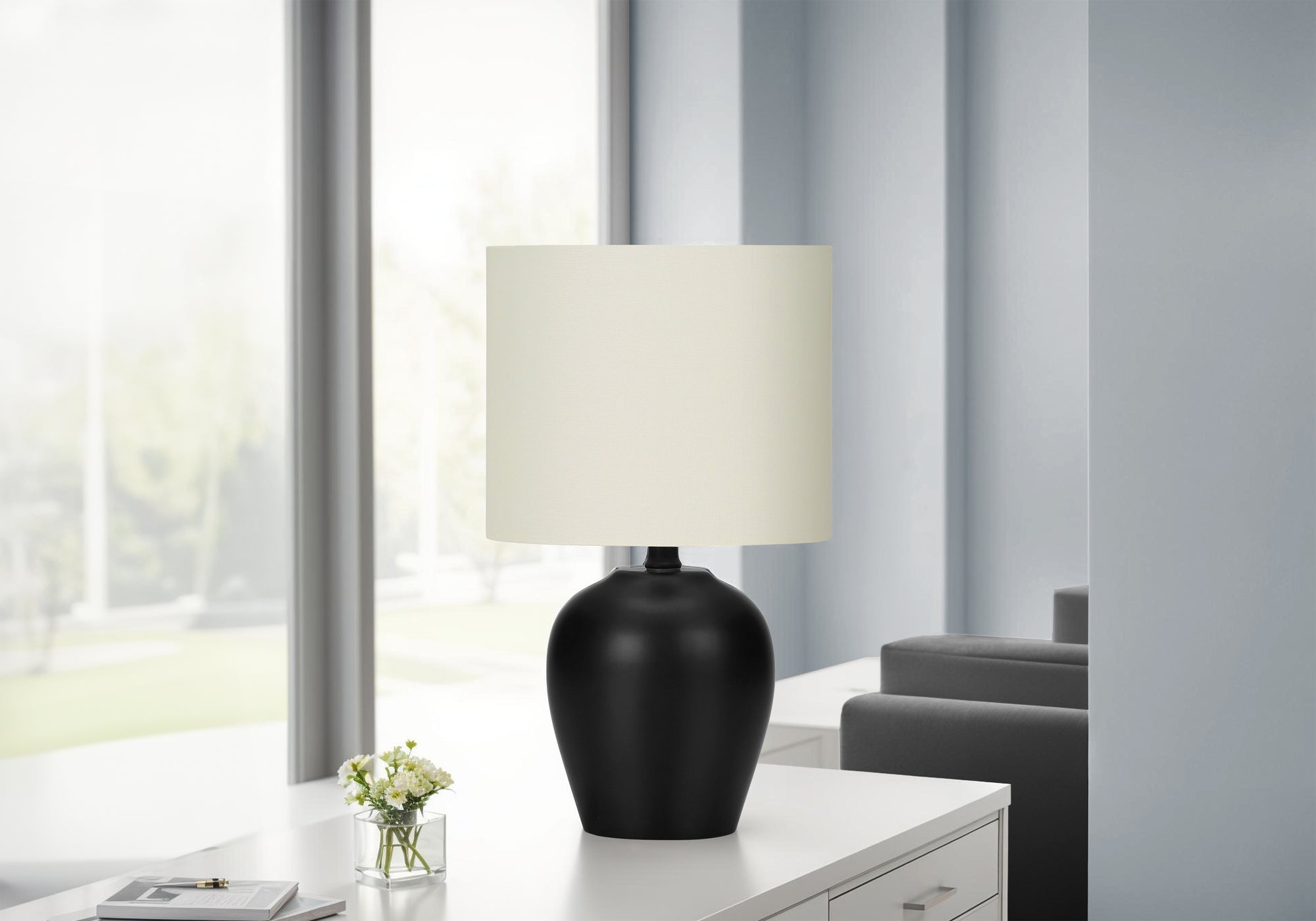 Lighting, 17'h, Table Lamp, Black Ceramic, Ivory / Cream Shade, Transitional