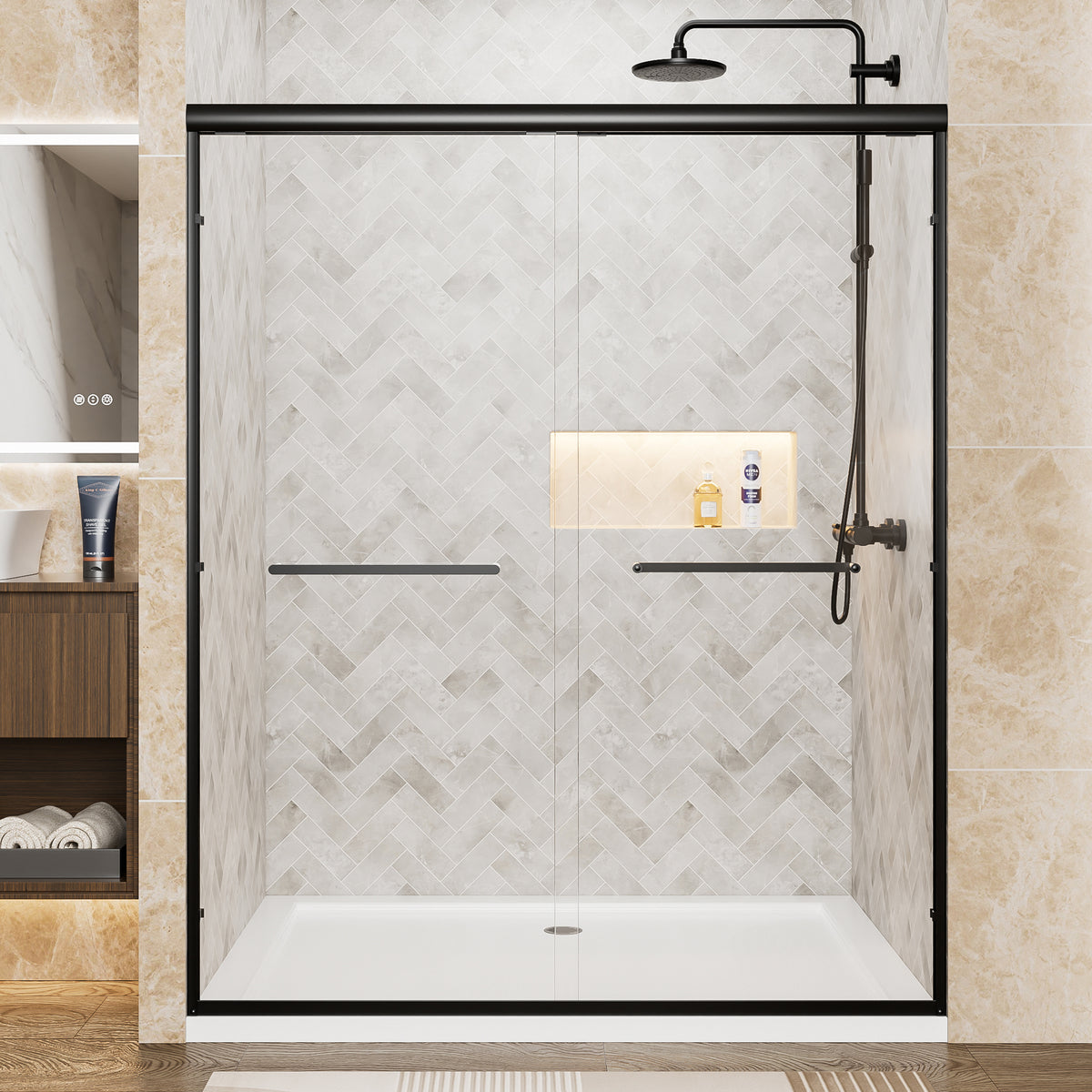 56'-60' W x 72' H Matte Black Aluminum Frame Double Sliding Shower Door, 1/4' (6mm) Clear Tempered Glass With Explosion-proof Film, Dual Stainless Steel Handles