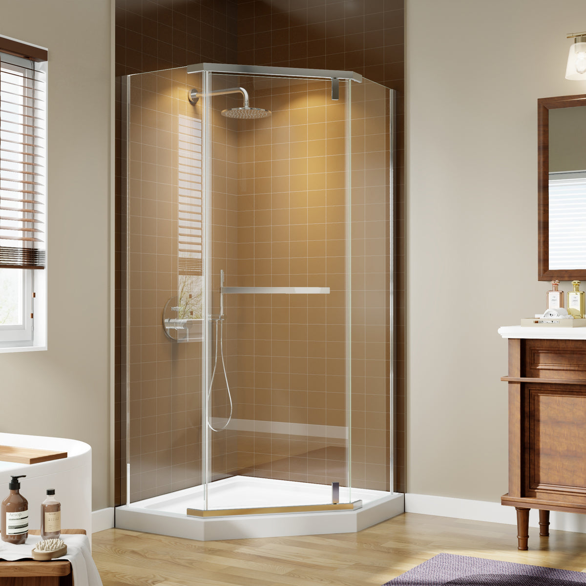 Corner Shower Enclosure 36 in. W x 72 in. H Frameless Neo-Angle Shower Enclosure, 1/4' (6mm) Clear SGCC Tempered Glass, Pivot Shower Door in Chrome Finish,Shower Base Not Included