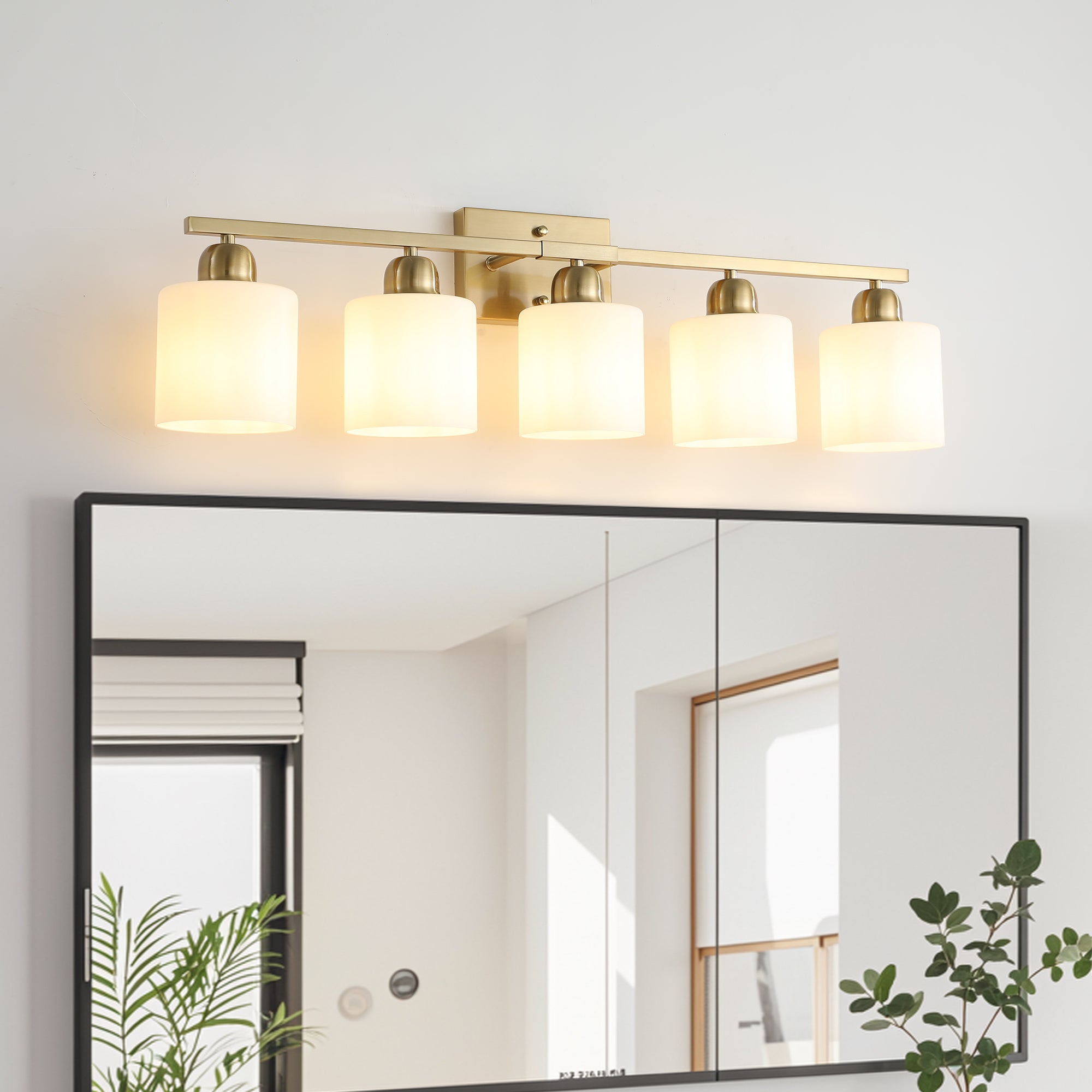 Gold Bathroom Light Fixtures, 5-Light Modern Vanity Light Over Mirror, Wall Sconces with Milky White Frosted Glass Shades, E26 Socket (Bulbs Not Included)