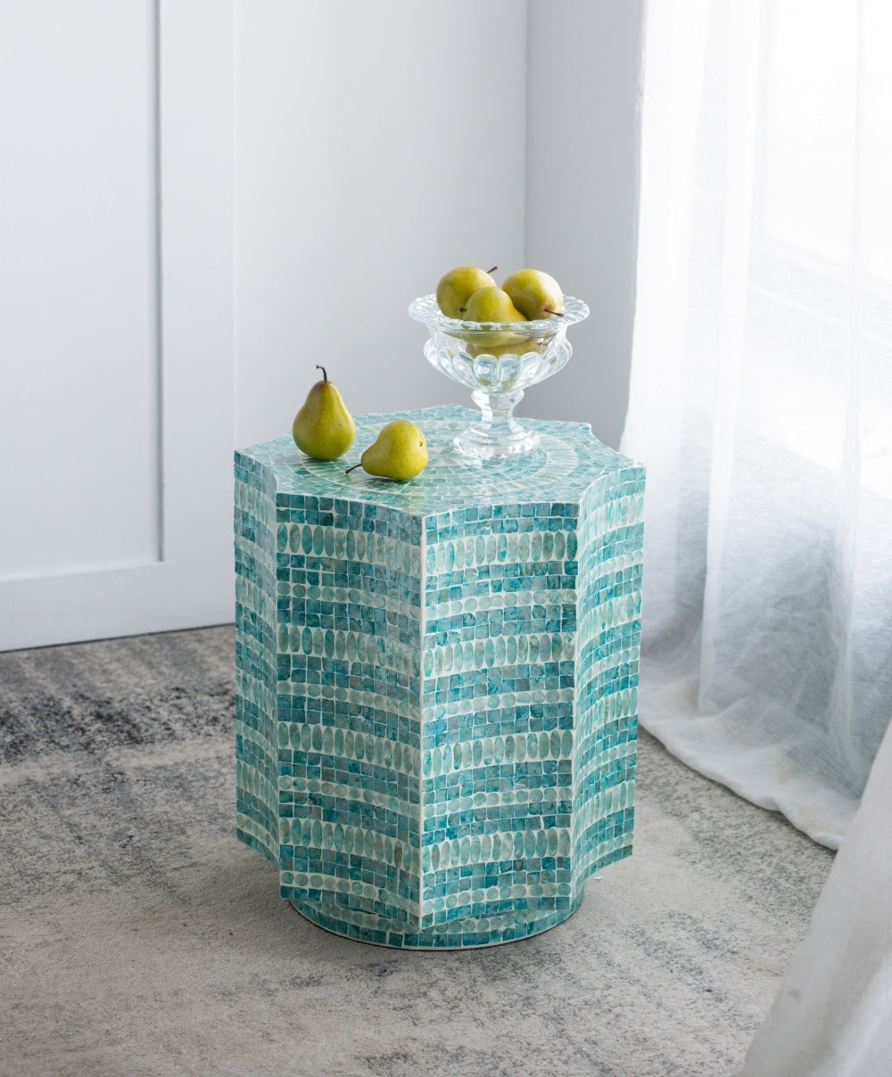 17x17x20' Stool with Capiz Design, Blue Multi