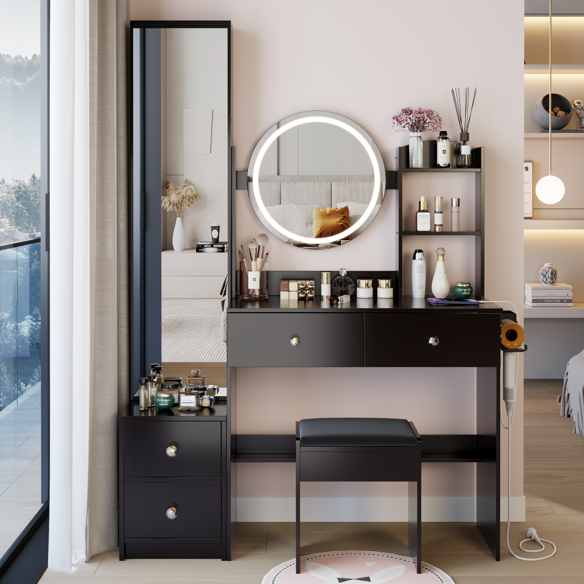 Full Body Mirror Cabinet + Round Mirror LED Vanity Table + Cushioned Stool, With 2 AC + 2 USB Power Station,17' diameter LED Mirror, Touch Control, 3-color, Brightness adjustable, Large Desktop