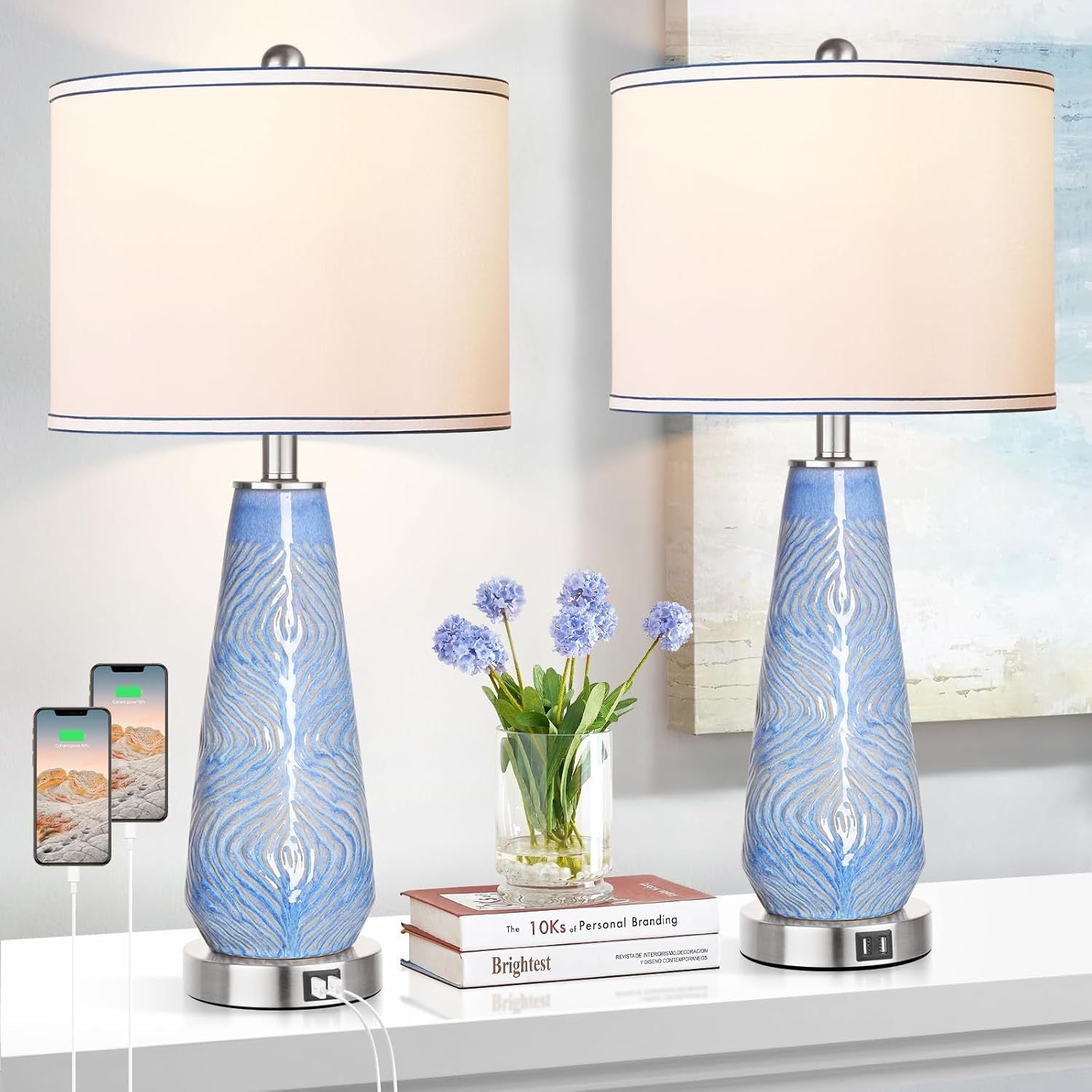 Modern Table Lamp Set of 2 Touch Control, 27' Tall Blue Art Ceramic Bedside Lamp with USB Ports, 3-Way Dimmable Hand Crafted Nightstand Lamps with White Shade for Living Room Bedroom Office