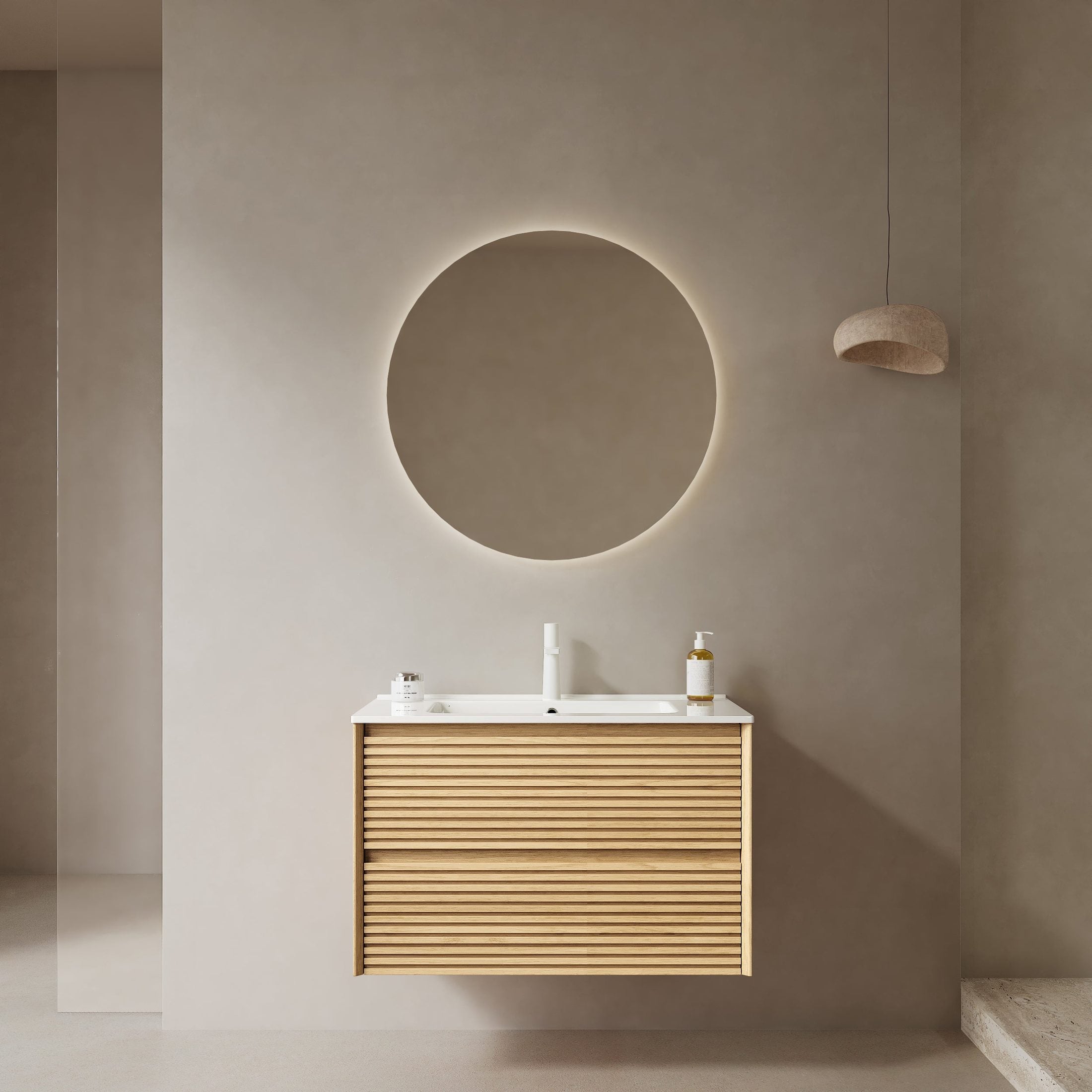 BRON 30' Bathroom Vanity with Sink, Wall-Mounted Floating Plywood Bathroom Storage Cabinet with Drawers, White Ceramic Basin, Pre-assembled, Corolla Oak Woodgrain Color