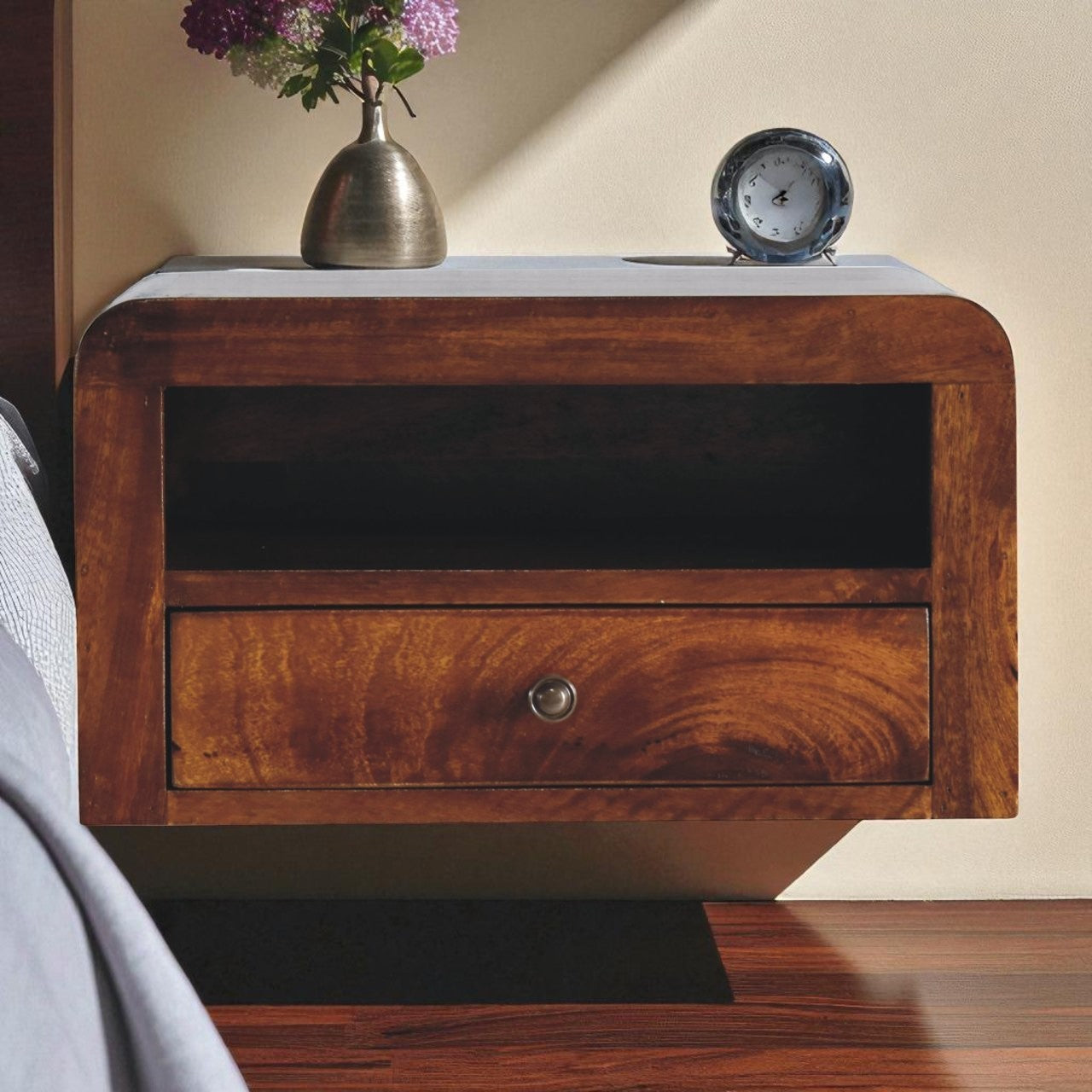 Chunky Chestnut Floating Bedside, 1-Drawer, 1 Open Slot, Brown