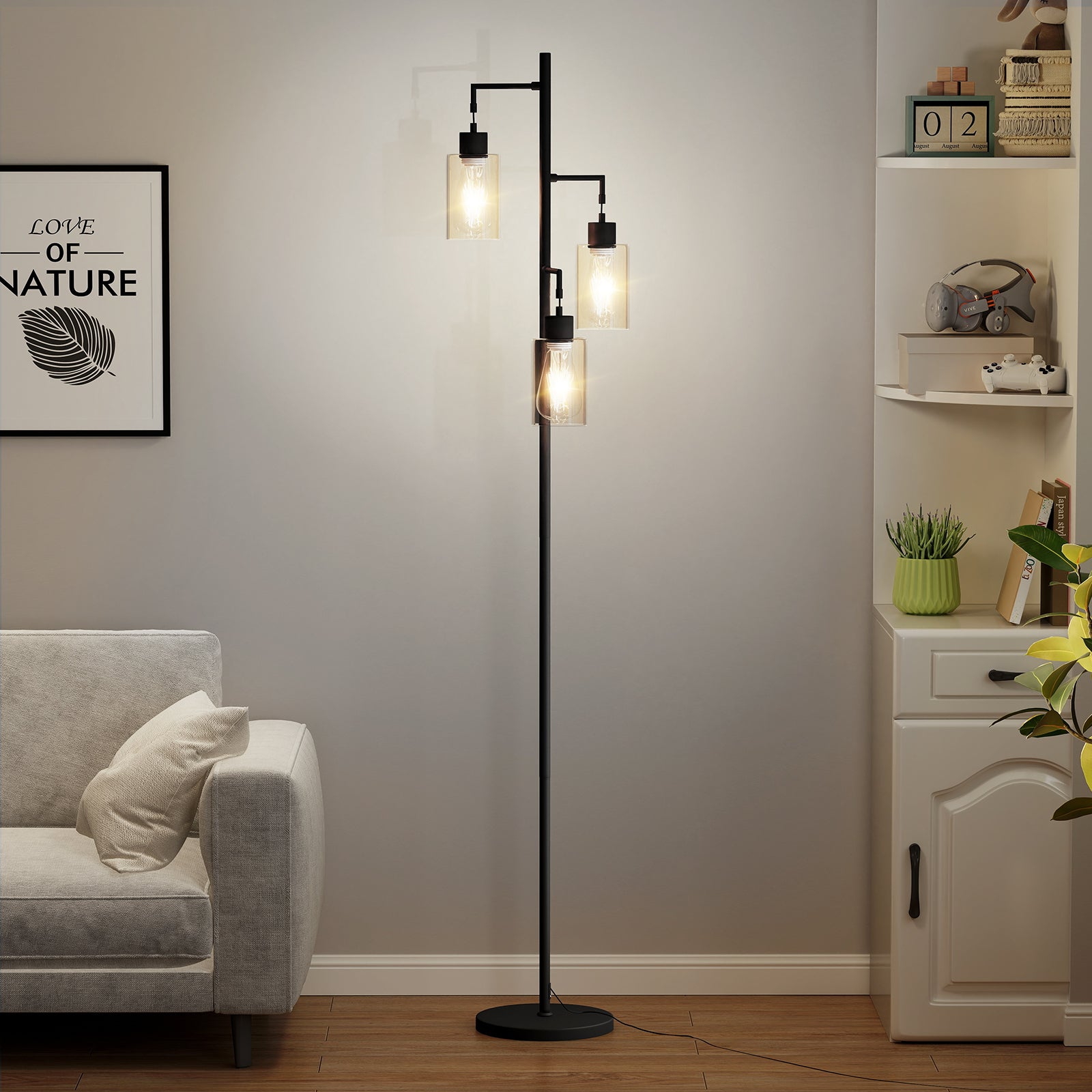 67' 3-Light Tree-Shaped Floor Lamp – Glass Lampshades & Foot Switch for Living Room & Bedroom
