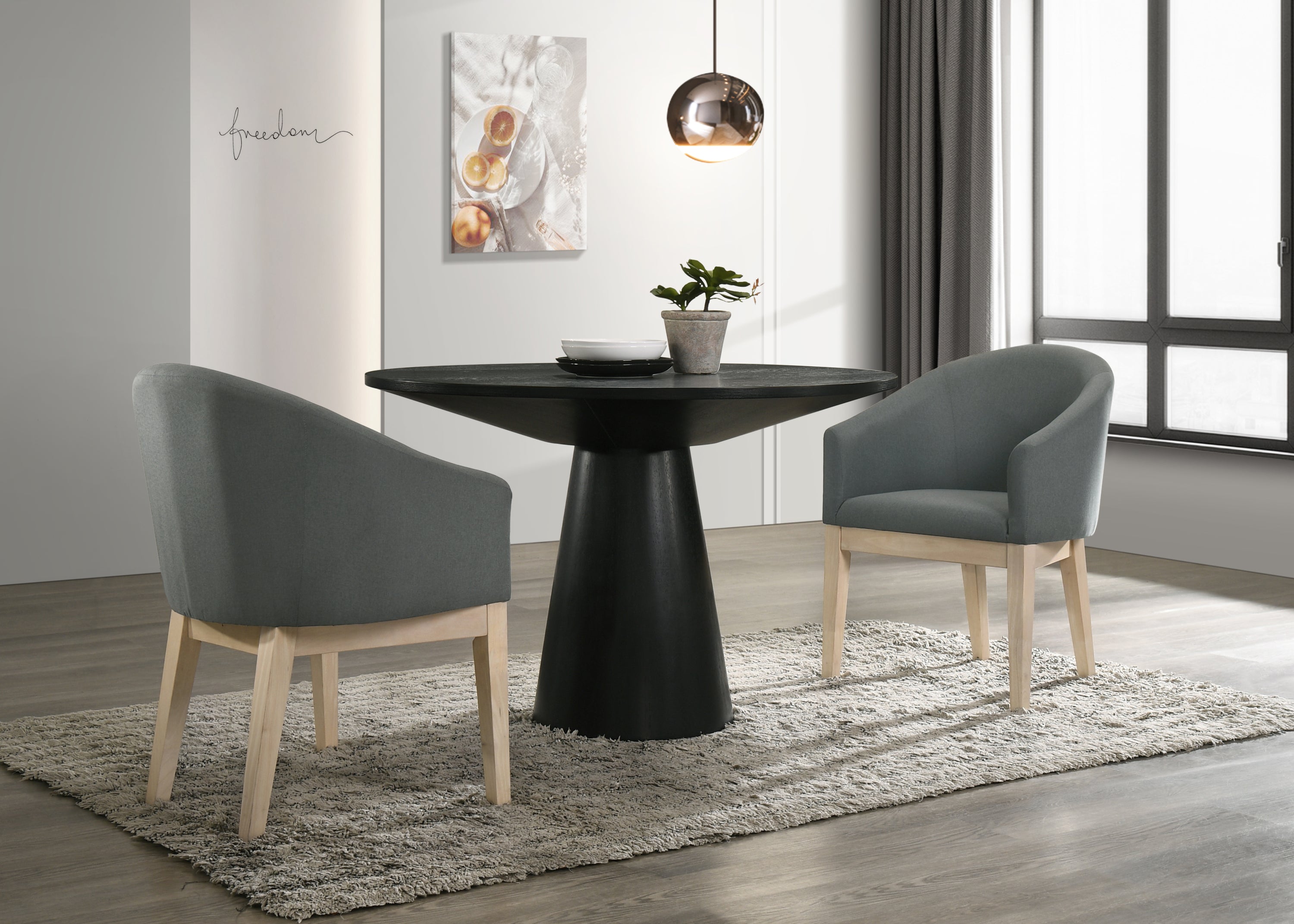 Jasper Ebony Black 3 Piece 47'W Round Dining Table Set with Pedestal Base and Gray Barrel Chairs