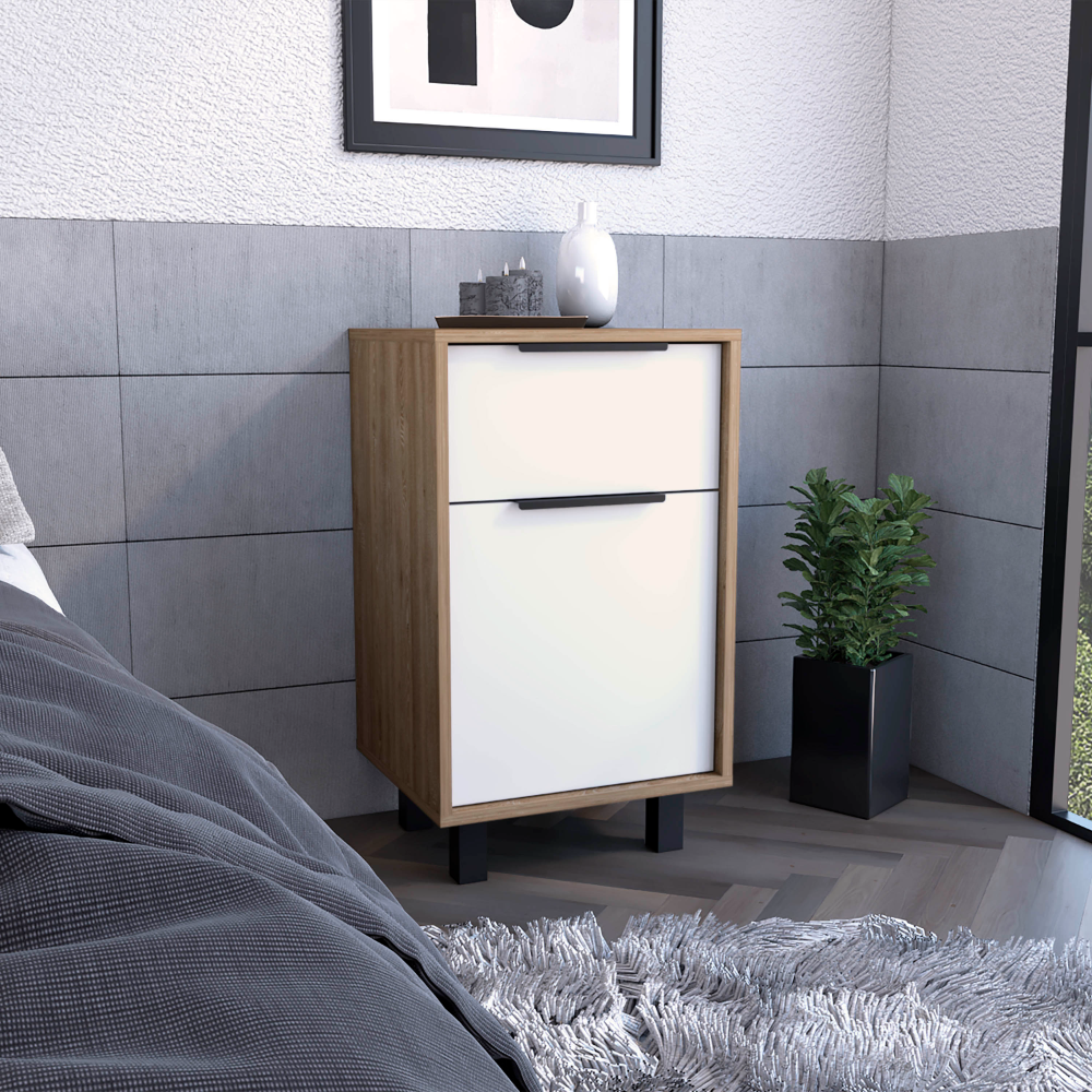 Nightstand 27' H, One Drawer, Storage with Door, Four Legs, White/Pine