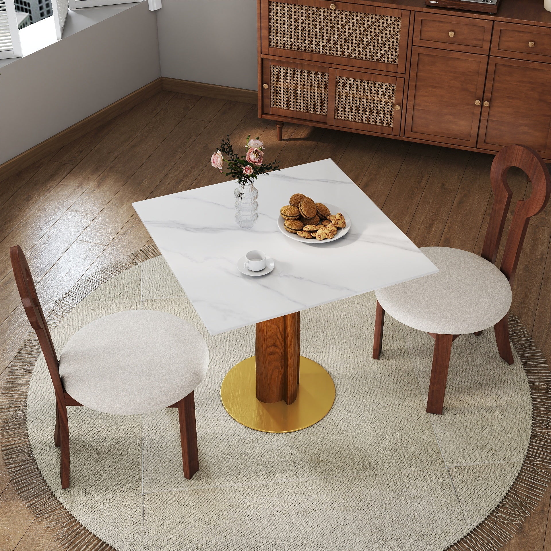 Modern Square Dining Table, 33.5' Sintered Stone Table with Wooden Leg & Gold Base, 2 - Person Kitchen Table for Small Space, 150lbs Weight Capacity(Only the Negotiation Table)