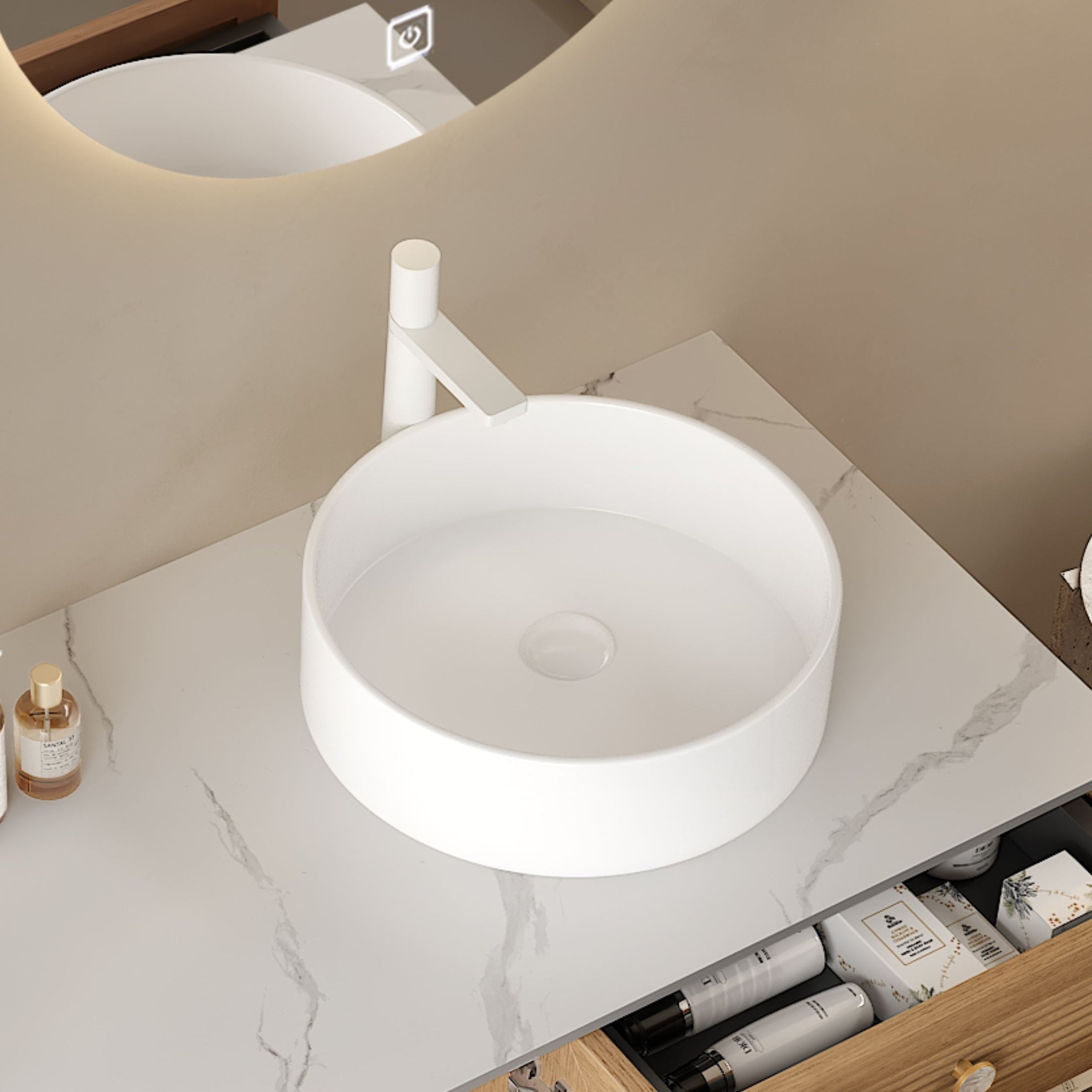 MUNIN 16'' Bathroom Sink, Round Vessel Ceramic Basin without Faucet, NO Cabinet, White