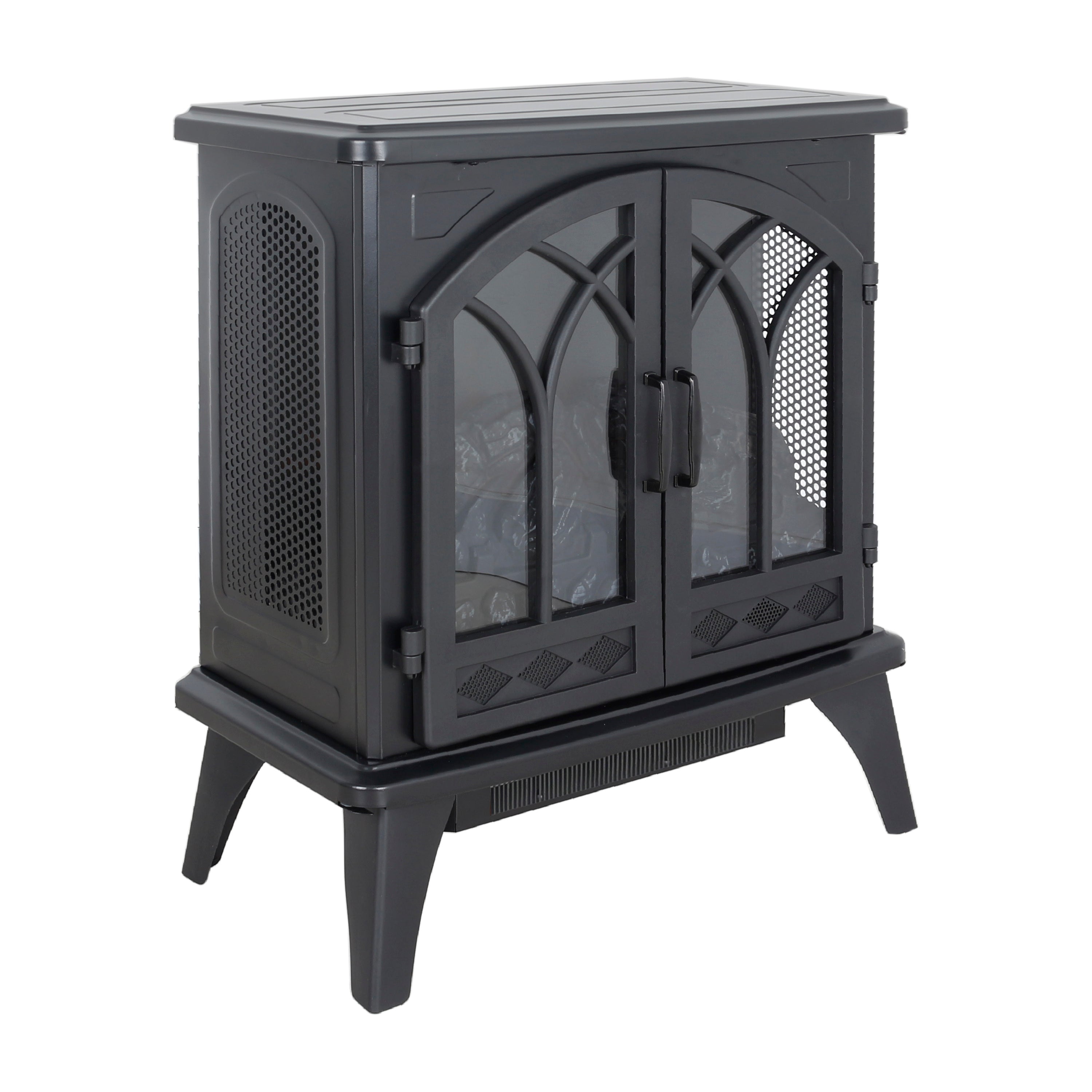 Classical 24-Inch 3D Flame Electric Infrared Quartz Fireplace Stove with Remote Control, Antique Black, Tempered Glass & Sheet Metal