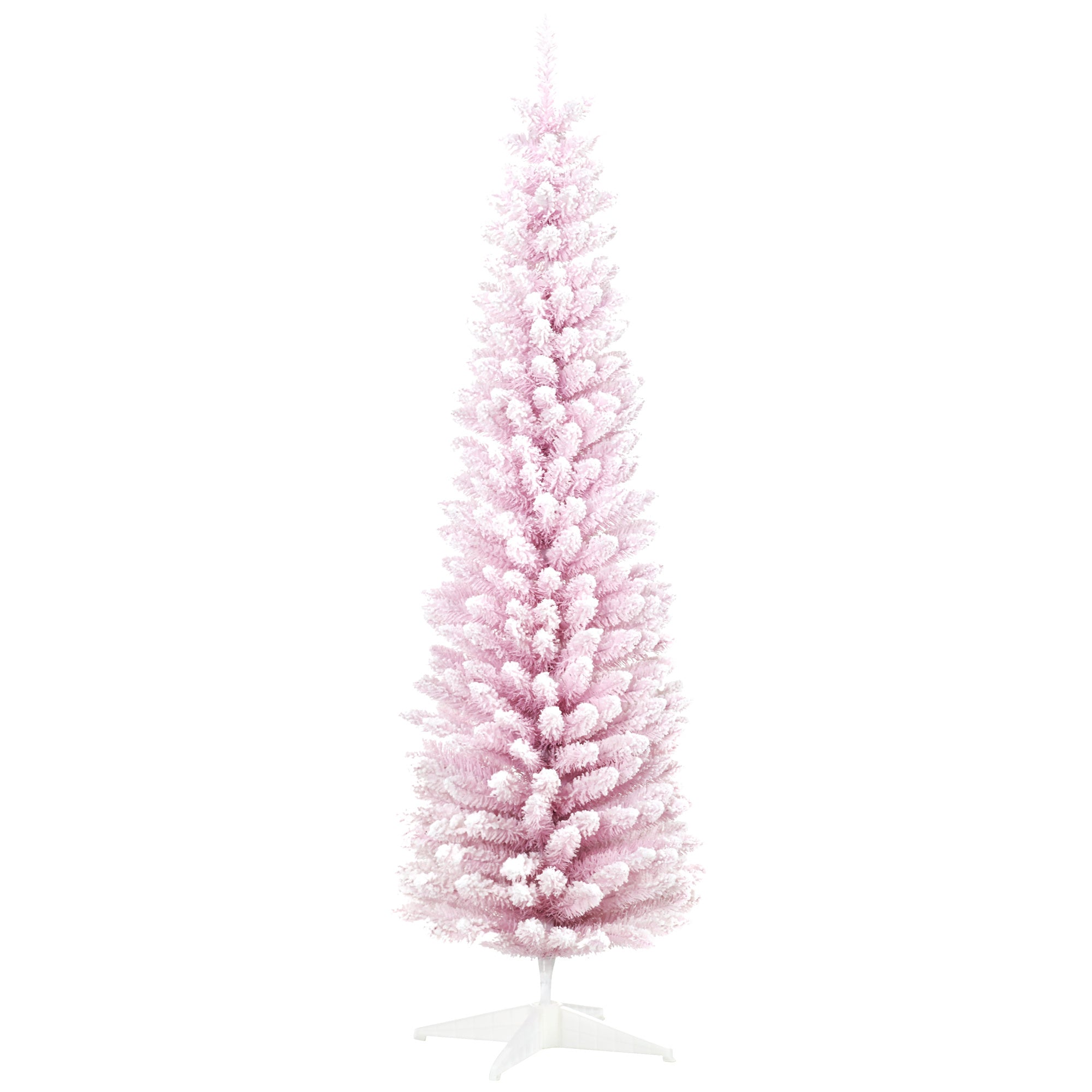 HOMCOM 6' Snow Flocked Artificial Pencil Christmas Tree, Slim Xmas Tree with Realistic Branches and Plastic Base Stand for Indoor Decoration, Pink