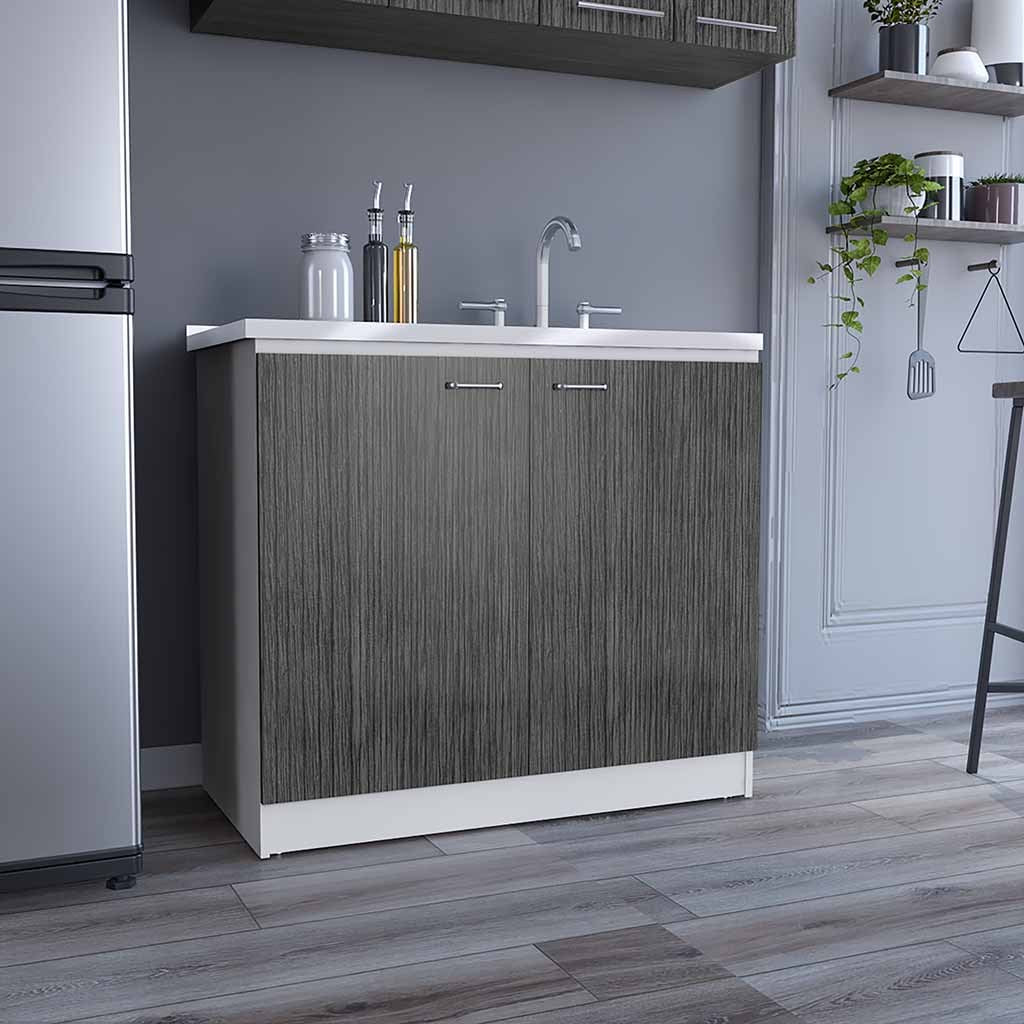 Freestanding Sink, Double Door Cabinet, Two Shelves, White / Smokey Oak
