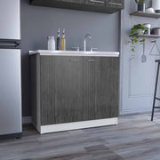 Freestanding Sink, Double Door Cabinet, Two Shelves, White / Smokey Oak