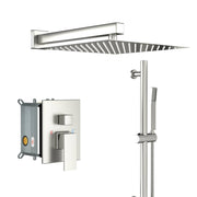 Brushed Nickel Wall Mounted Shower System with Adjustable Slide Bar and Rough-in Valve, 12 Inch Square Design