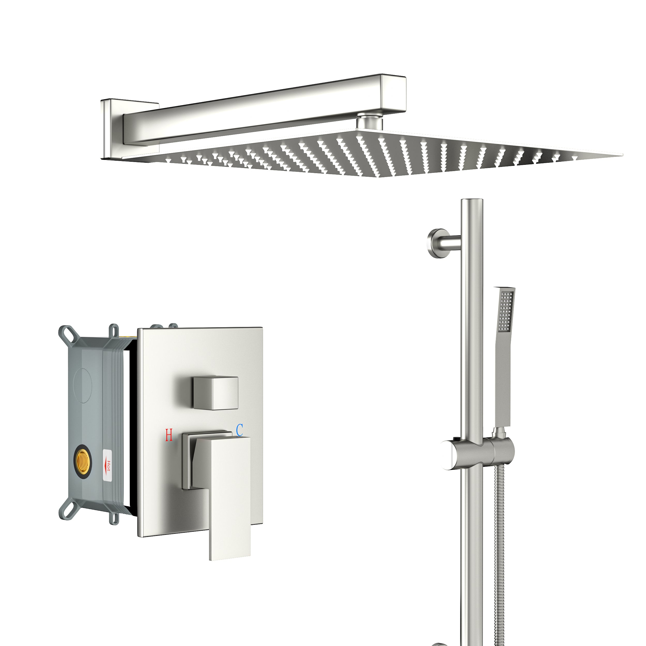 Modern Shower System with Adjustable Slide Bar, Brushed Nickel Finish, Stainless Steel and Brass Construction
