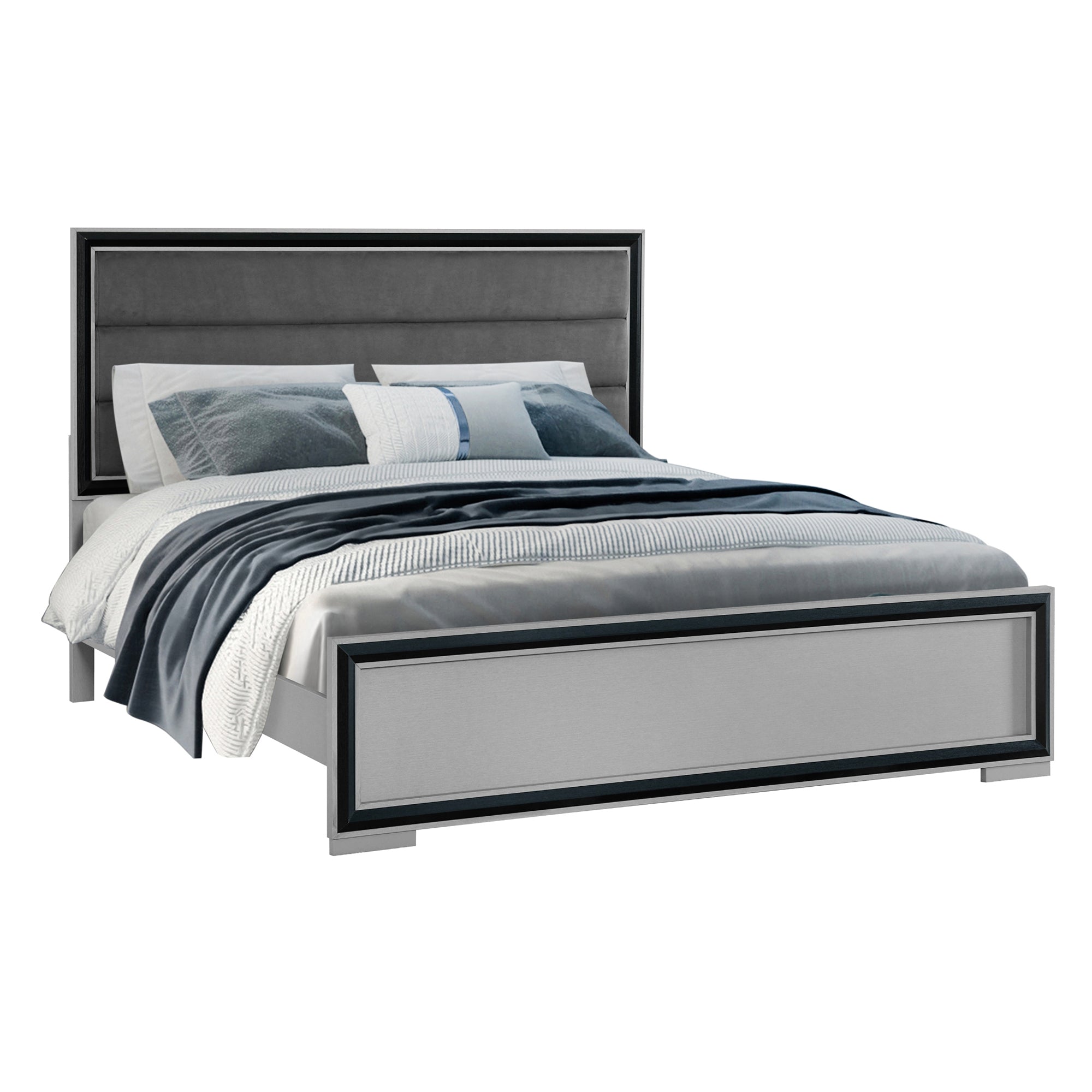 Adelaide Grey Black 5 Piece Queen Bedroom Set with Upholstered Headboard and LED Lighting