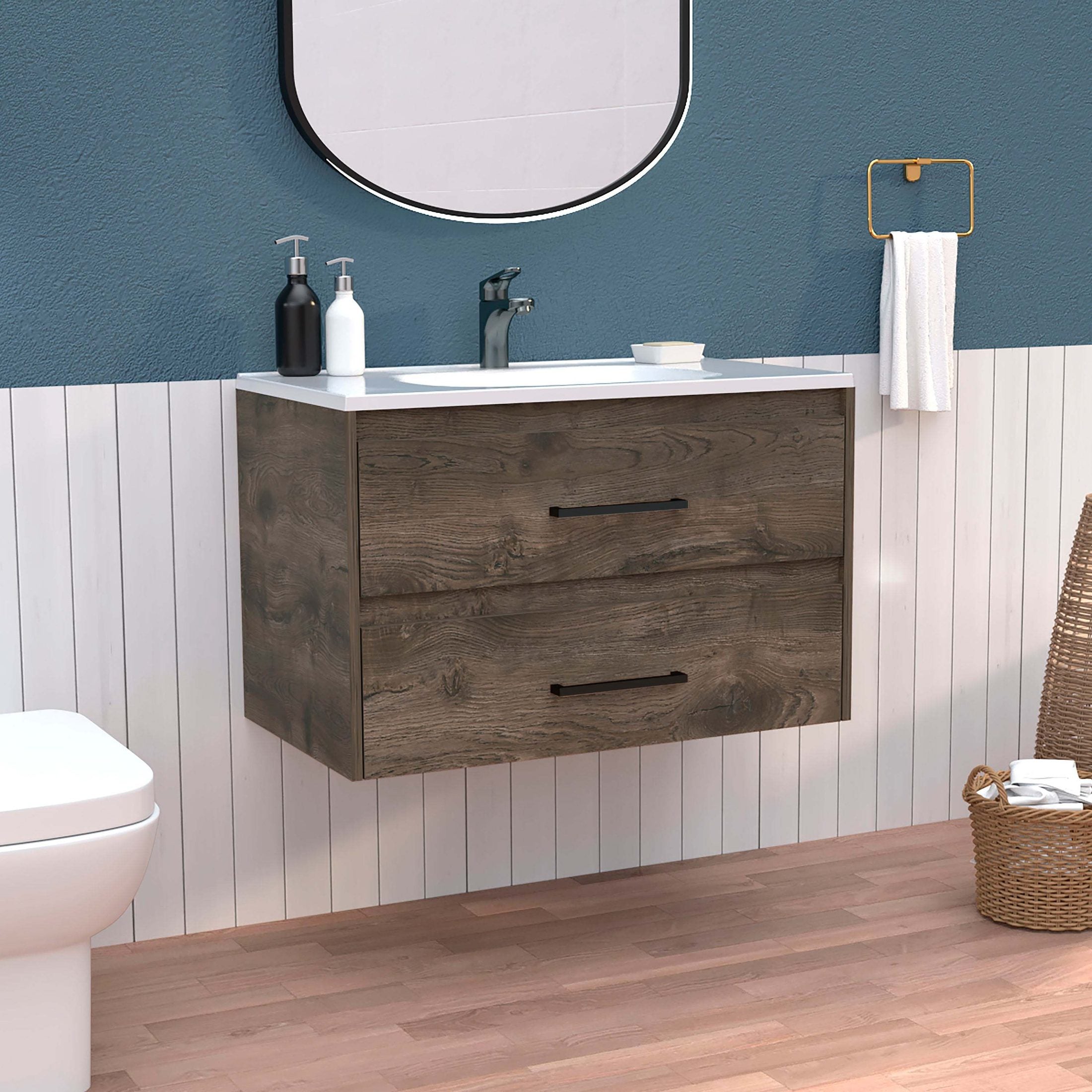 Floating Vanity Bathroom 20.4H' with 2 Drawer Organizers, Dark Brown / White