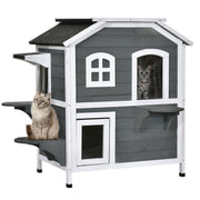 PawHut 2-story Cat House Outdoor, Weatherproof Wooden Cat Enclosure for Feral Cats with Escape Door, Openable Roof, Jumping Platforms, Gray