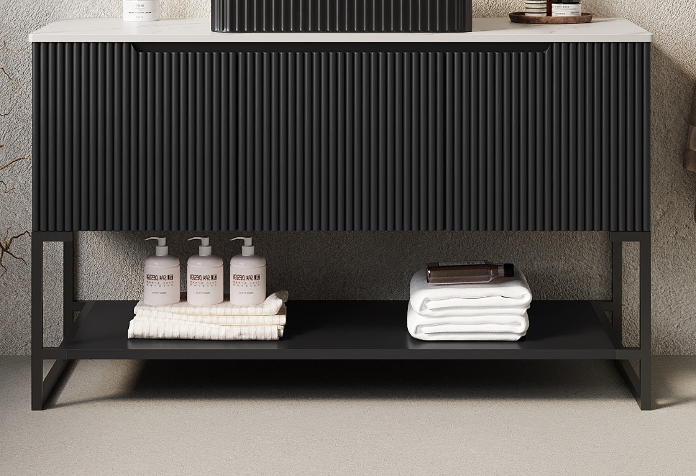 TULIO 48' Freestanding Cabinet without Basin, with Carrara White Sintered Stone Counter Top, 3 Drawers and Open Shelf, No Basin, Black