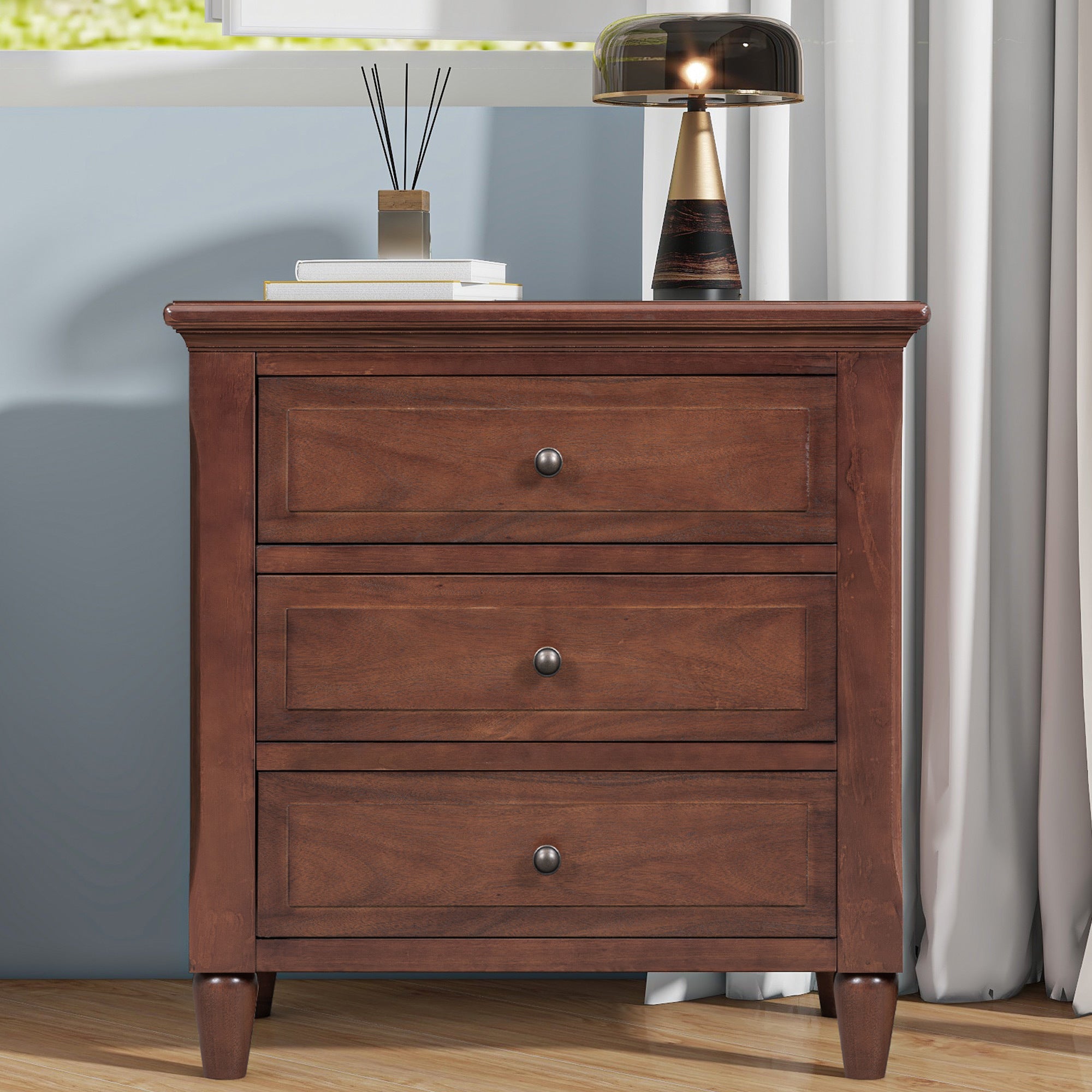 U_STYLE 28''Pine Wood Nightstand with 3 Drawers and Smooth Gliding Rails ,Simple Bedside Cabinet with Metal handle, Minimalist Sofa Side Table with rubber legs for Bedroom Sofa Couch Office