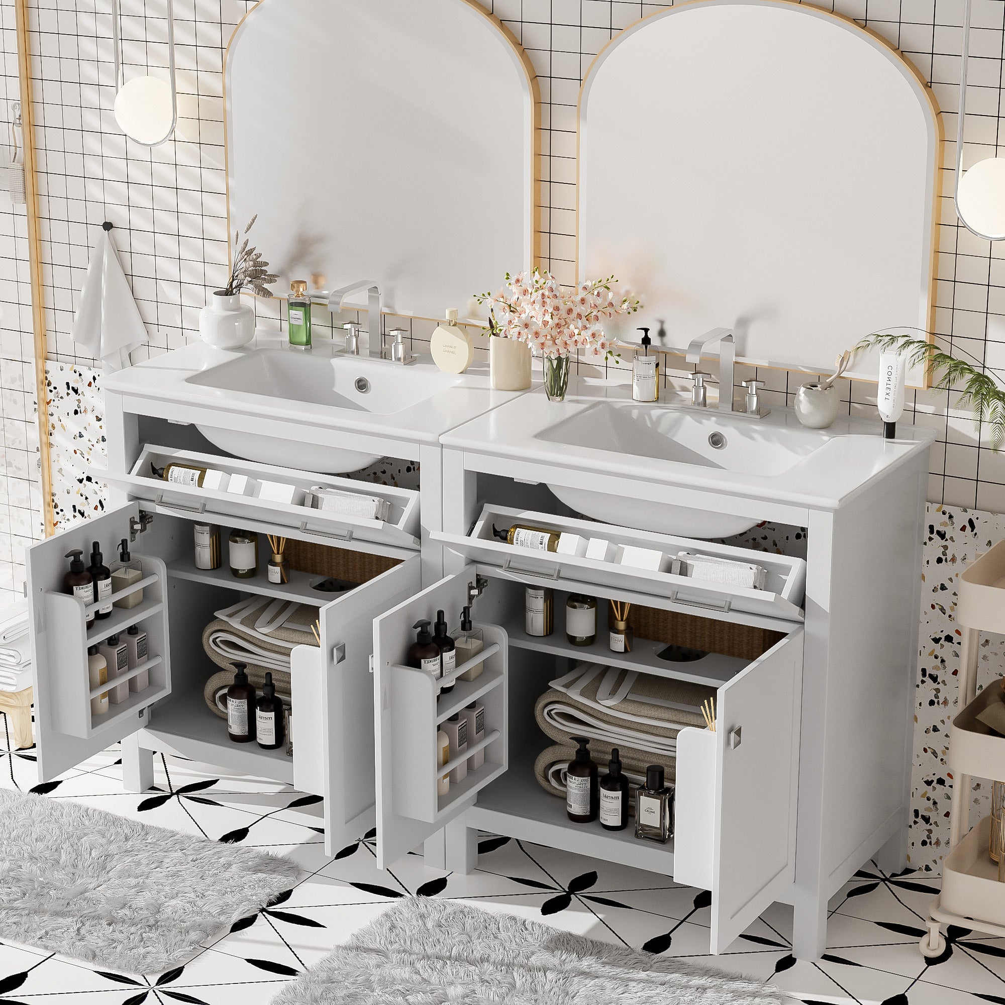 60' Modern White Bathroom Vanity Set with Double Vanities (Separate), Double Ceramic Sinks, Adjustable Shelf, Soft Close Doors and Flip Drawer– Modern Bathroom Solution for Spacious Bathrooms
