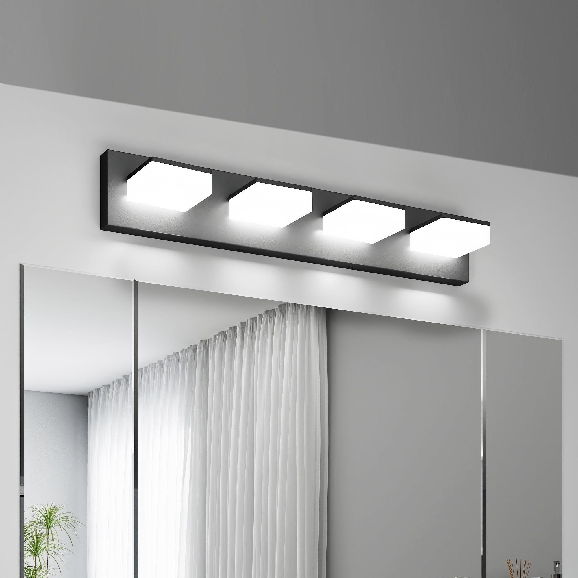 LED Modern Bathroom Vanity Light Fixtures (4-Light, 25-Inch), Matte Black Modern Acrylic Bathroom Wall Lighting Fixtures Over Mirror (Cool White 6000K)