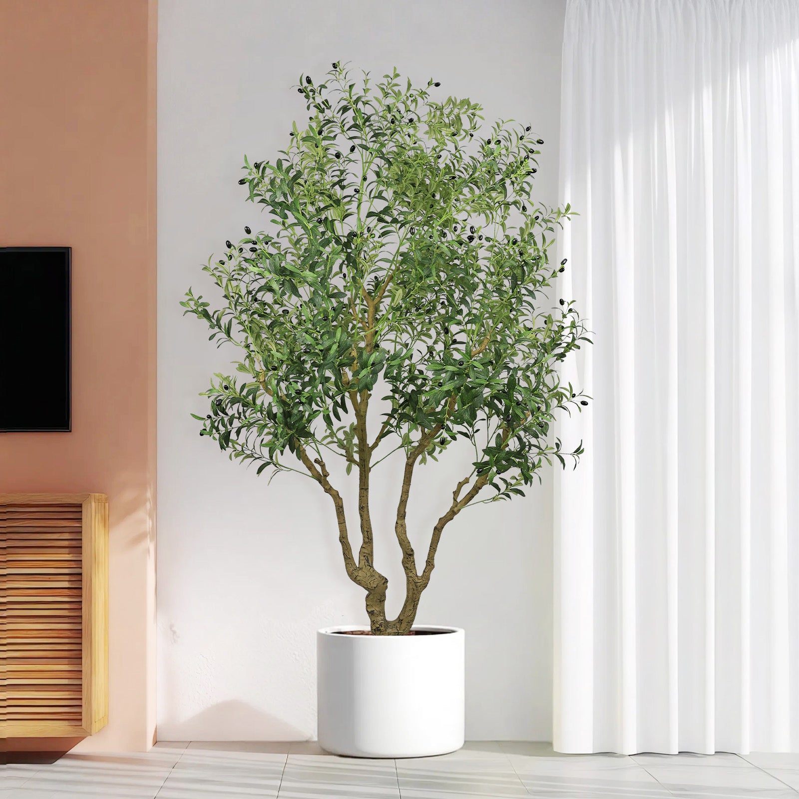 8FT Tall Artificial Olive Tree - Large Faux Potted Tree with Natural Trunk and Lifelike Olive Leaves and Fruit, Elegant Indoor/Outdoor Decorative Plant for Living Room, Office or Entryway, 1 pc/set