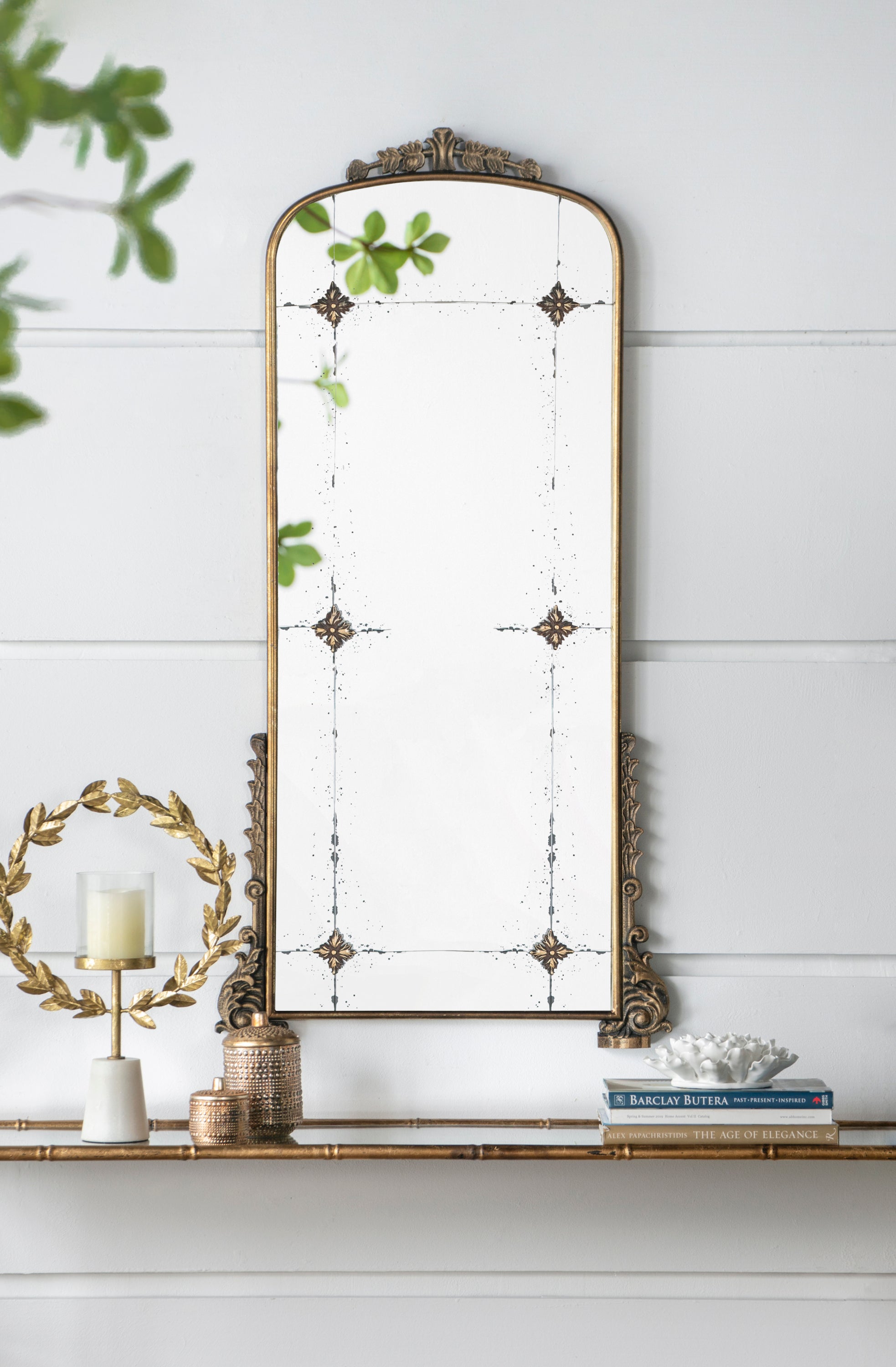 24' x 48.5' Antique Gold Arched Mirror with Metal Frame, Full Length Mirror for Living Room Bathroom Entryway
