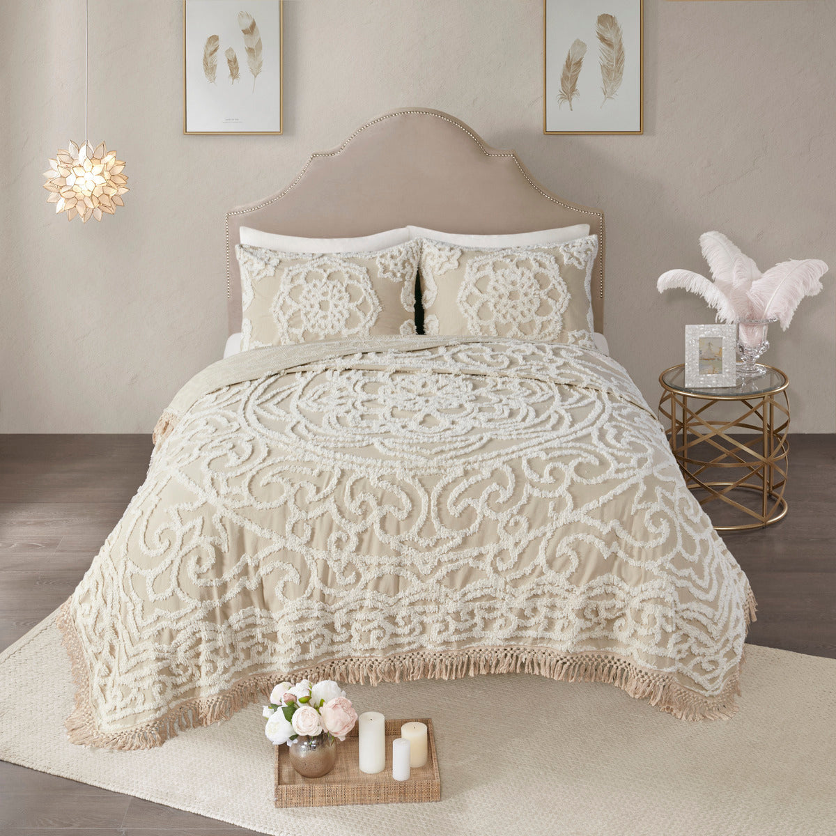 Tufted Cotton Chenille Medallion Fringe Coverlet Mini Set Taupe King/Cal King