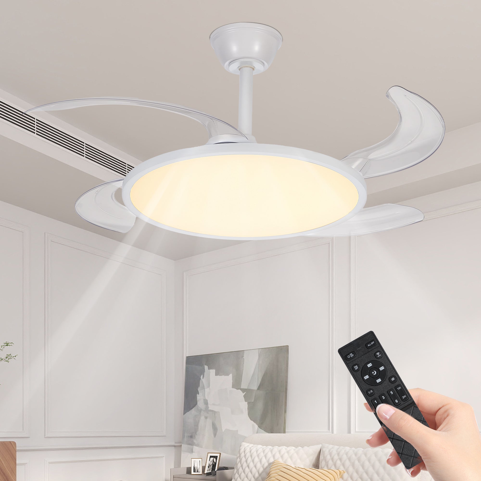 42 Inch Retractable Ceiling Fan,Low Profile Ceiling Fan with Light and Remote,Modern White Fan with Retractable Blades for Dinning Room Living Room Bedroom,Dimmable,Timer Setting