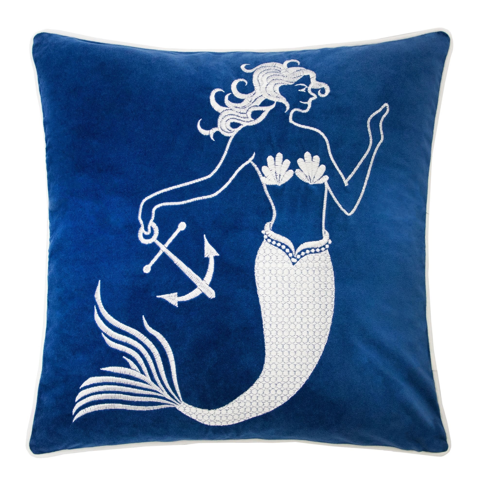 Liz Mermaid Indigo Polyester Velvet Pillow Cover with Matching Back and Hidden Zipper, 20x20 Inches