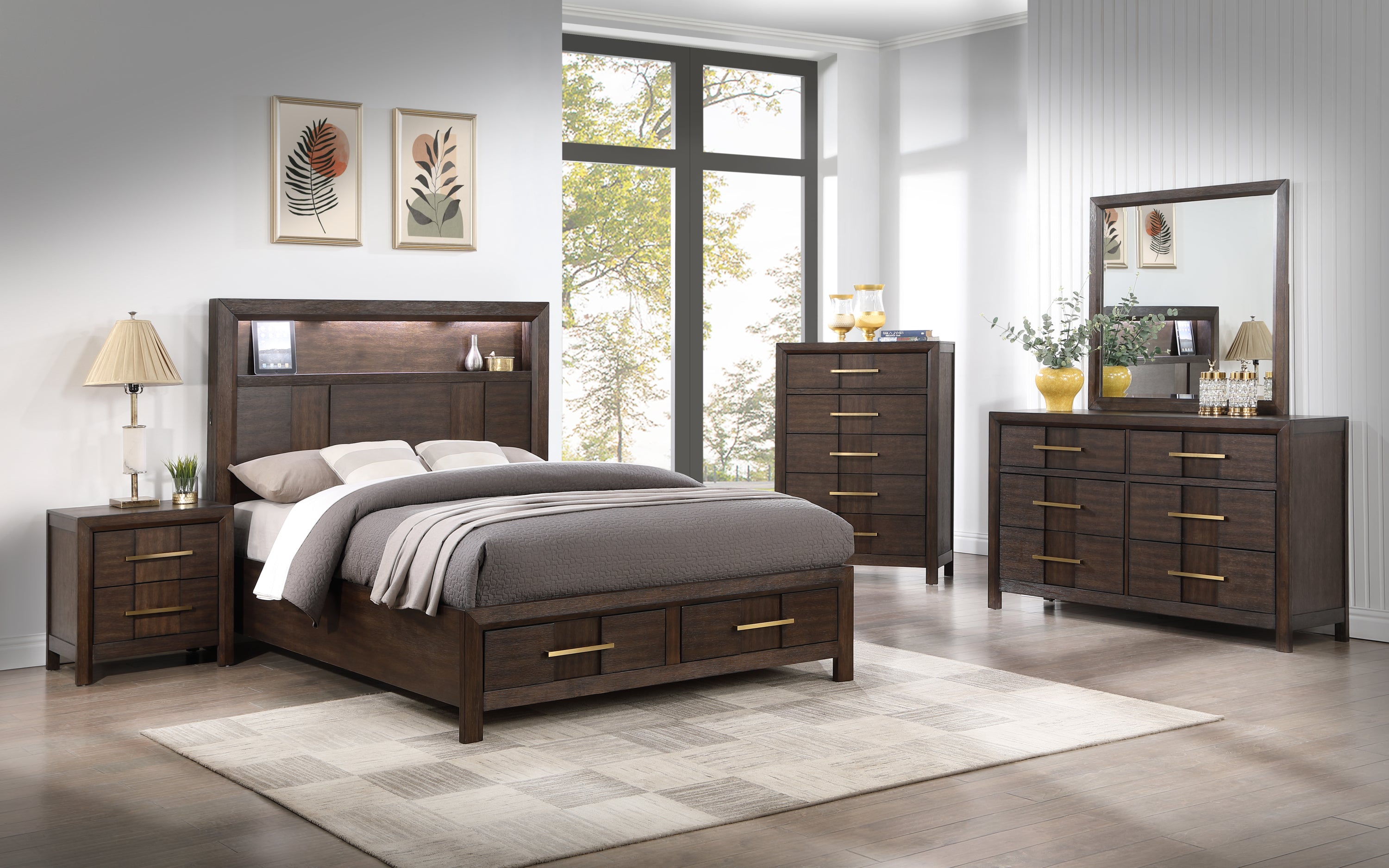 KENZO Modern Style Queen 5PC Storage Bedroom Set Made with Wood, LED Headboard, Bluetooth Speakers & USB Ports - Walnut(NJ INVENTORY)
